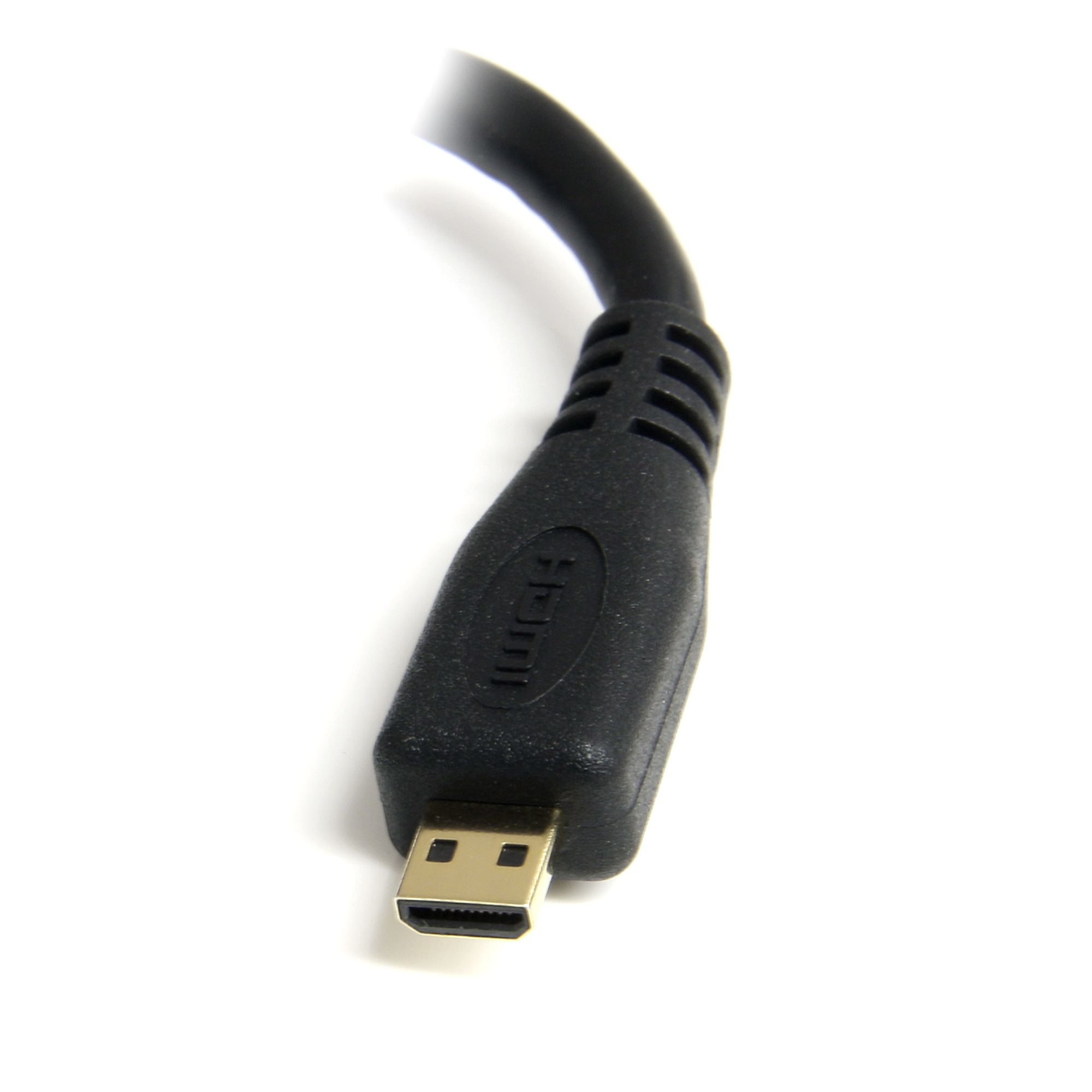 A close-up shot of a black HDMI cable with a gold-colored connector on a white background.