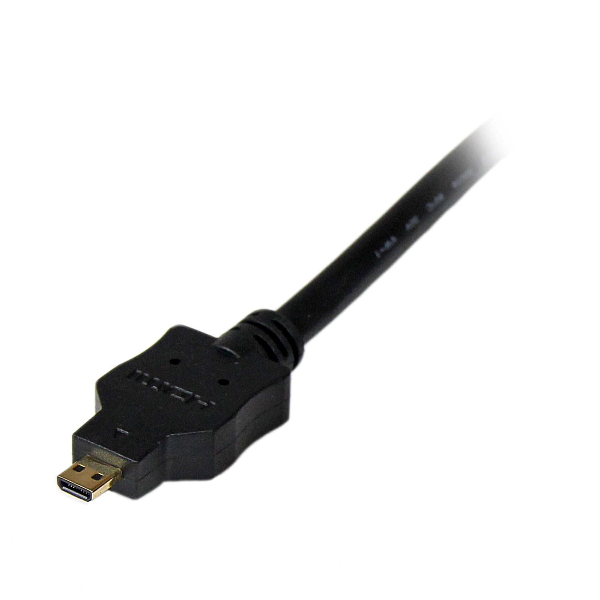 Cable HDMI negro con conector micro-HDMI. El cable está en ángulo sobre un fondo blanco.