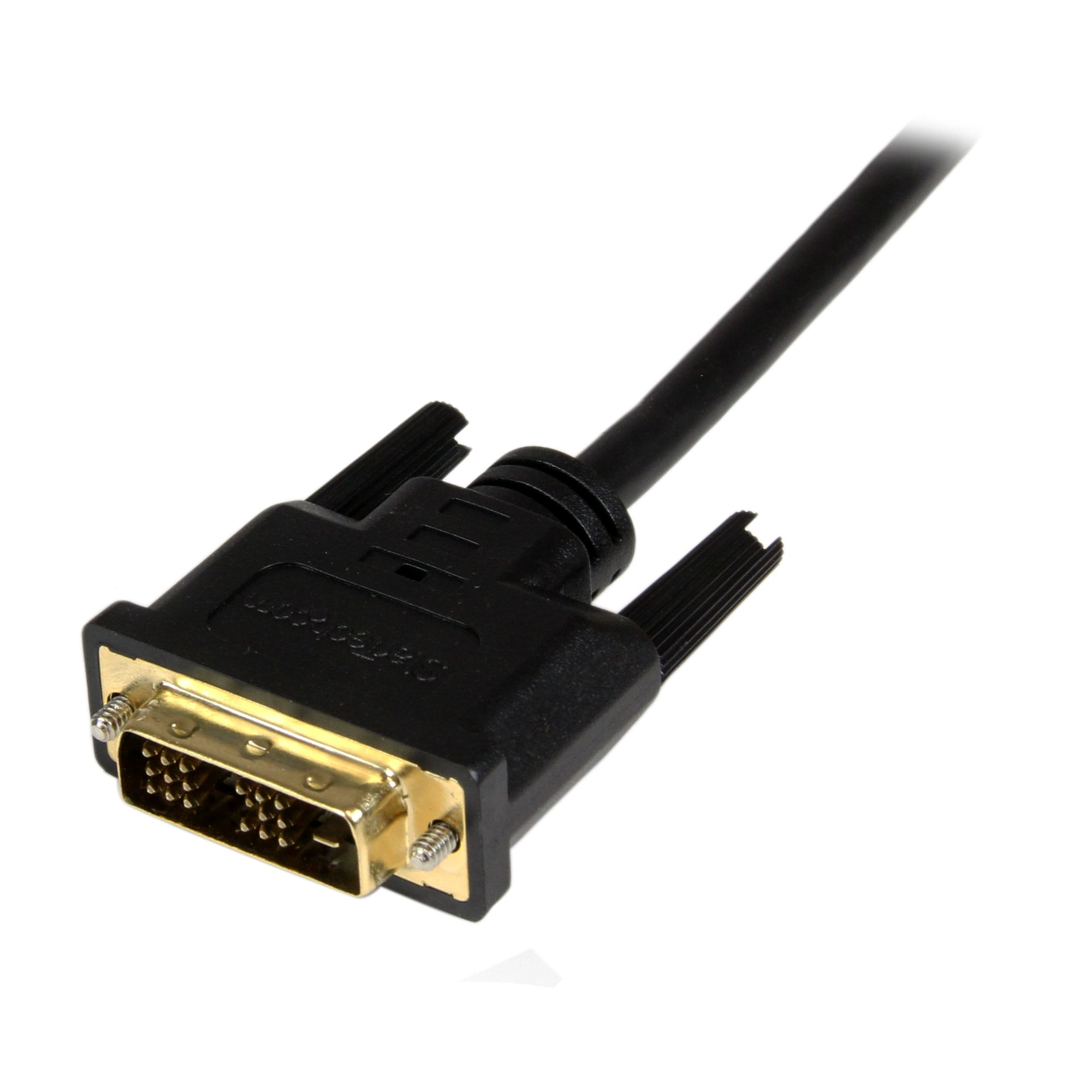Un cable DVI negro con conectores dorados. El cable está sobre un fondo blanco, inclinado hacia arriba a la derecha.