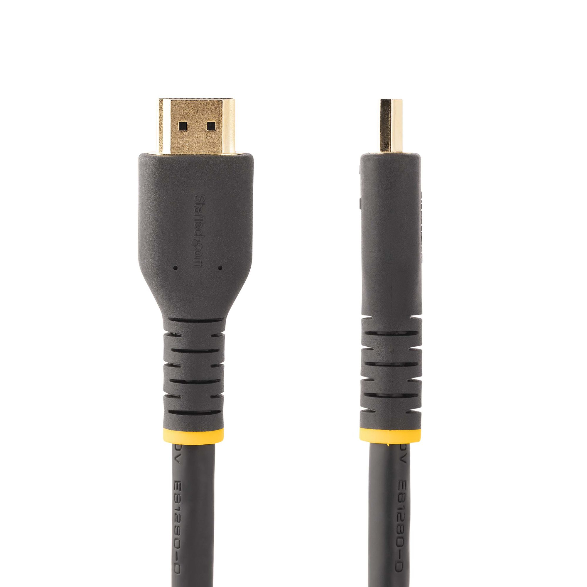 Dos cables HDMI negros con conectores dorados sobre un fondo blanco. Un cable tiene un conector rectangular, el otro un pin pequeño.