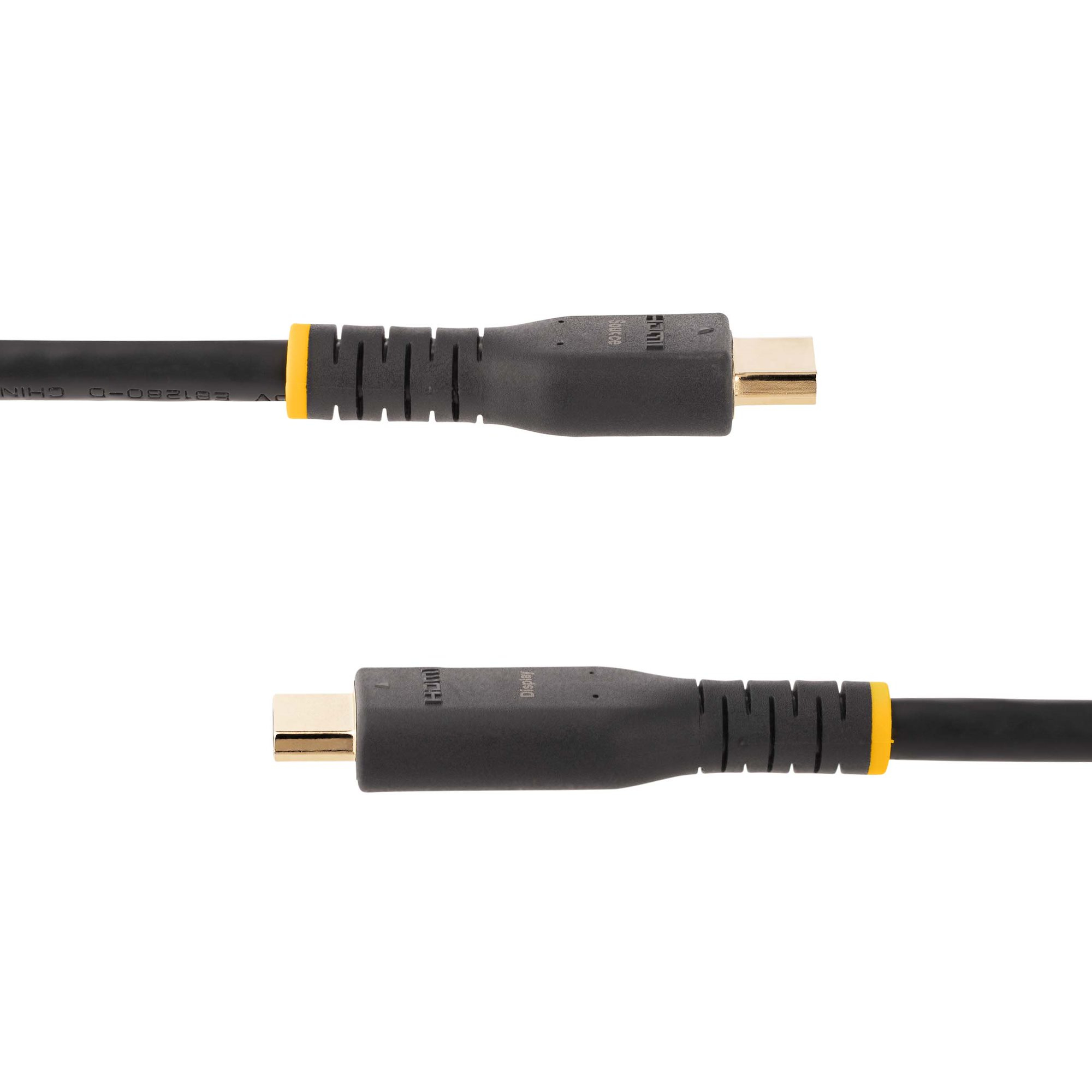 Dos cables HDMI negros con conectores dorados sobre un fondo blanco. Uno está etiquetado como HDMI display.