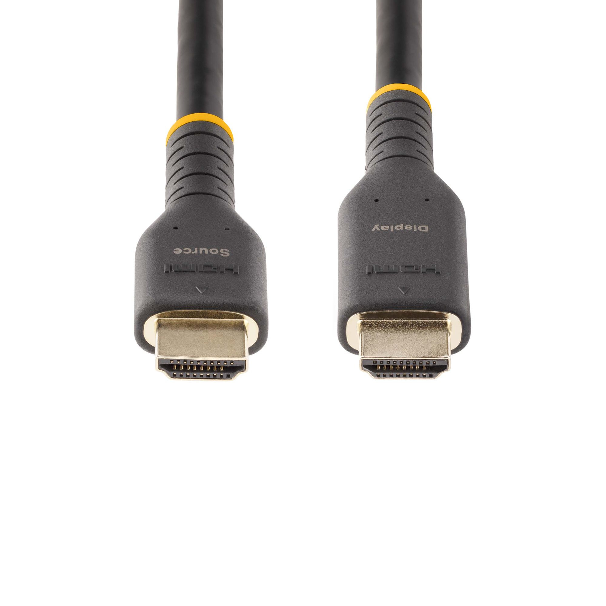 Dos cables HDMI negros con conectores dorados. Uno rotulado 'Source', el otro 'Display', ambos sobre fondo blanco.