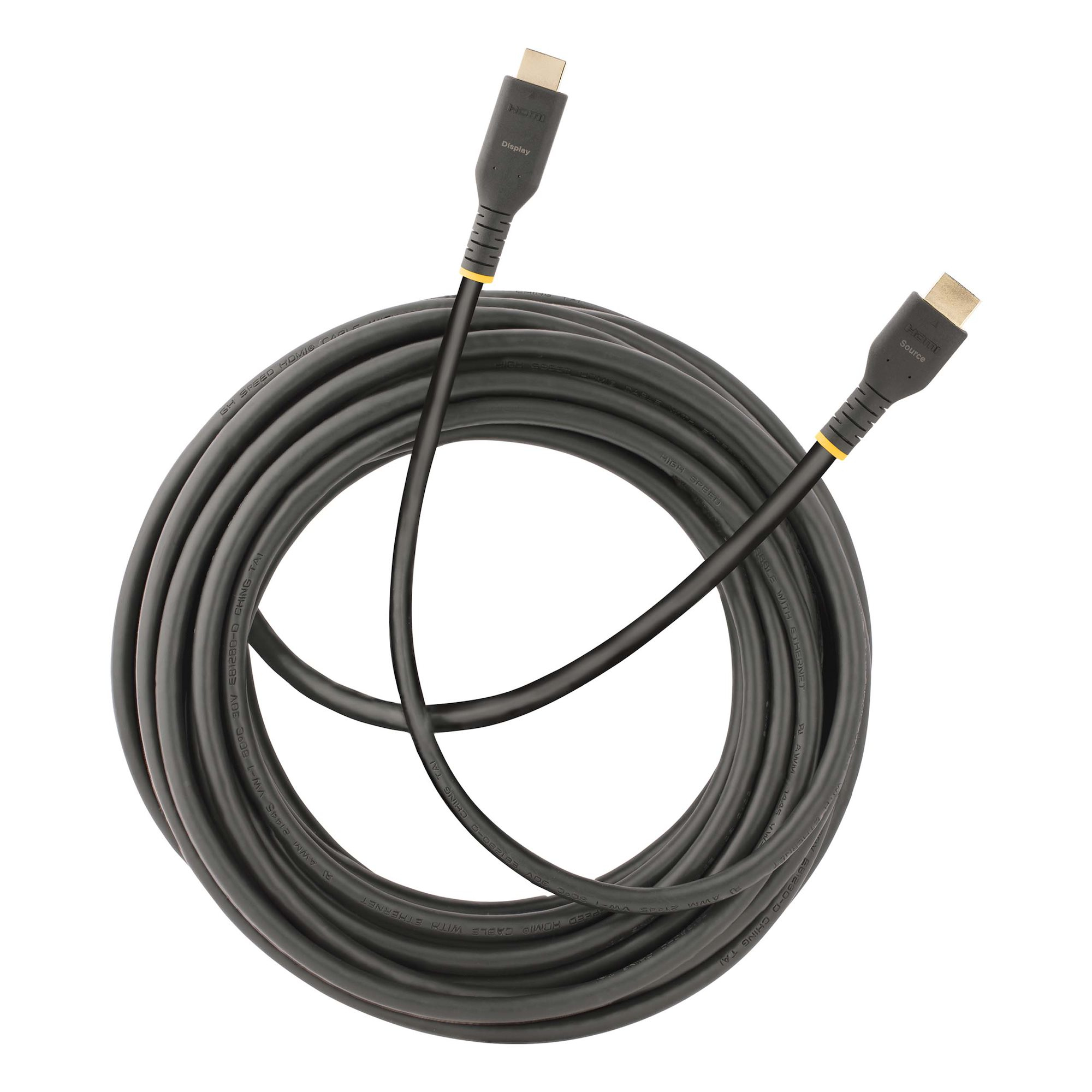 Un cable HDMI negro enrollado con conectores que dicen 'Display' y 'Source'. Acentos amarillos visibles en los conectores.