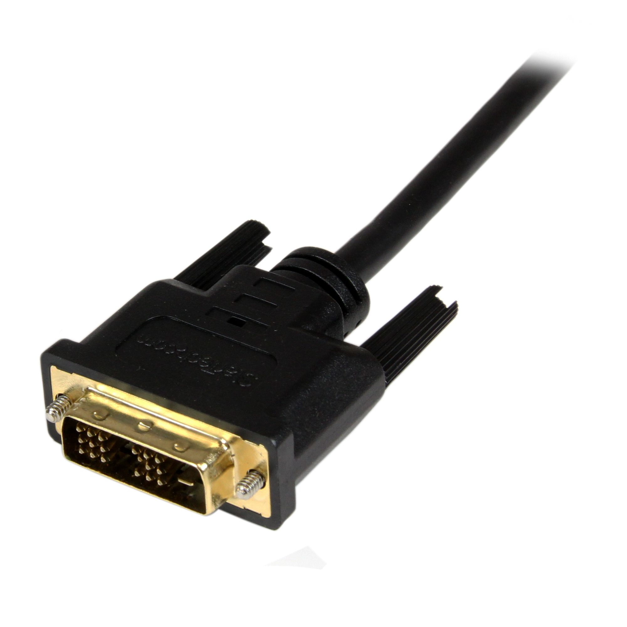 Un cable DVI con un conector negro y un puerto dorado, contra un fondo blanco.