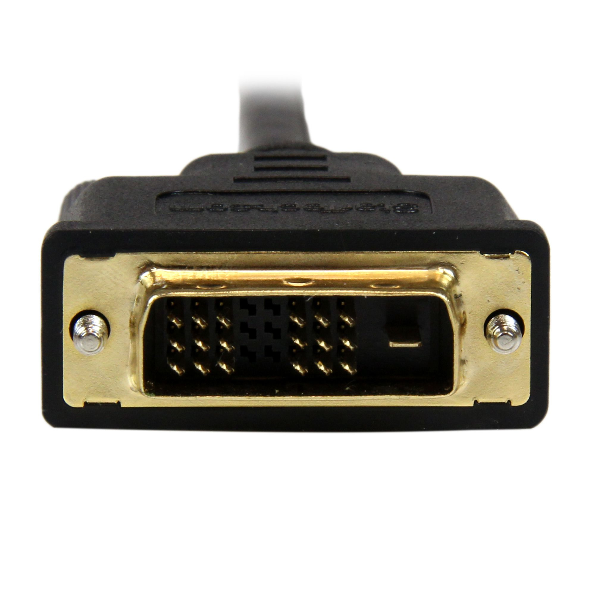 Un conector DVI, plástico negro con contactos y tornillos dorados, sobre fondo blanco.