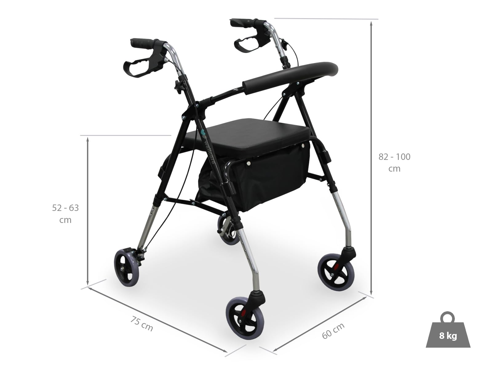 Un andador negro y plateado con asiento, ruedas y asas ajustables. Se muestran las dimensiones y el peso.
