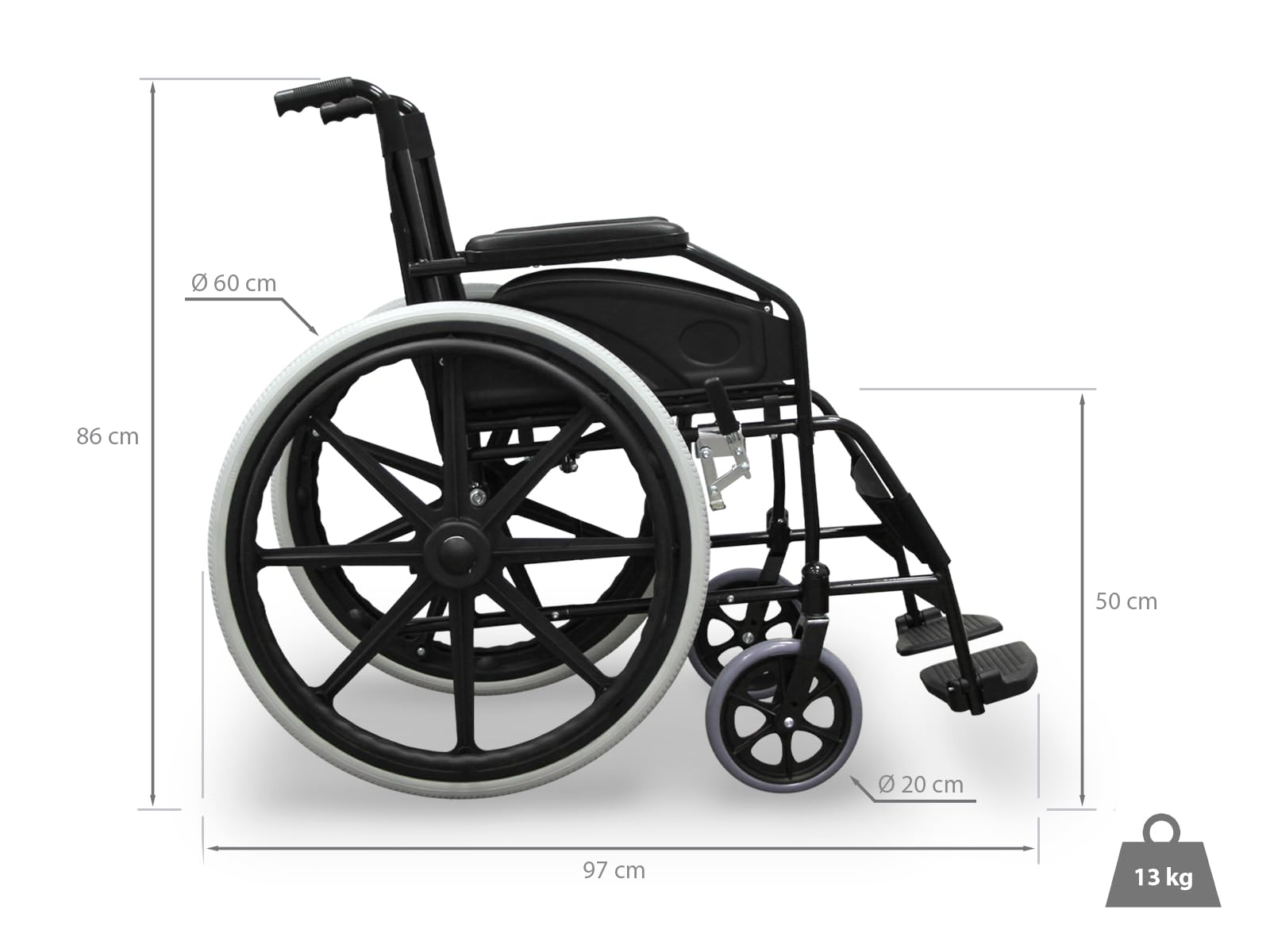 Se muestra un perfil de silla de ruedas negra con ruedas con borde blanco. Se indican dimensiones y peso. Está sobre un fondo blanco.