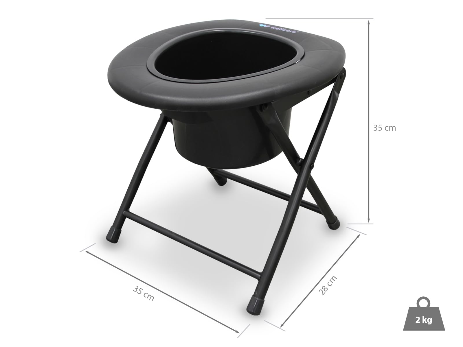Un inodoro portátil negro. Tiene asiento, cubo y estructura plegable. Dimensiones marcadas. Peso 2 kg.