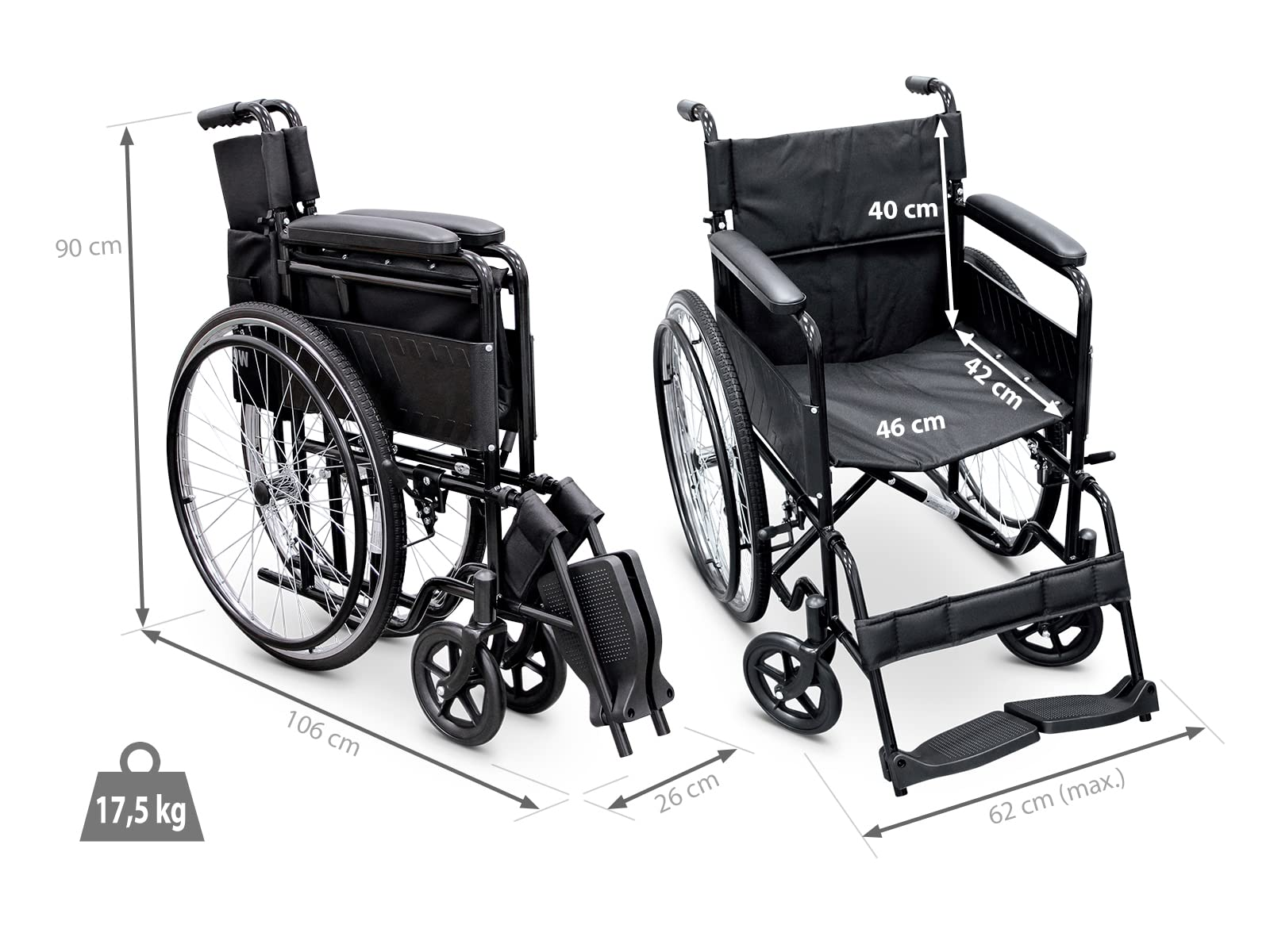 Dos sillas de ruedas negras con medidas. Una plegada. Peso 17,5 kg. Dimensiones: 106 cm, 26 cm, 90 cm, 40 cm, 42 cm, 46 cm, 62 cm.