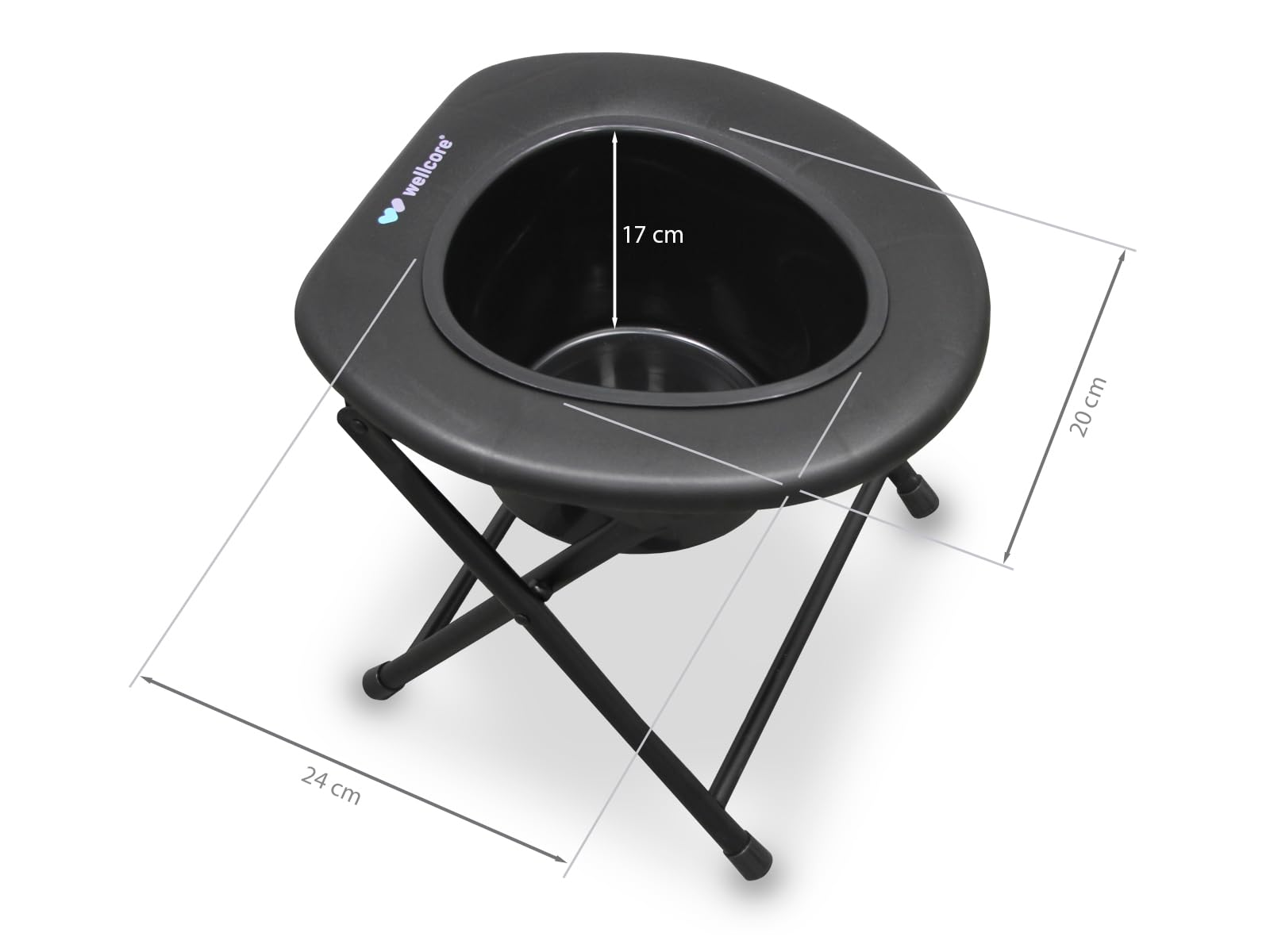 Un inodoro portátil negro con el logo Wellcore, de 24 cm x 20 cm, con una abertura de 17 cm, sobre una superficie blanca.