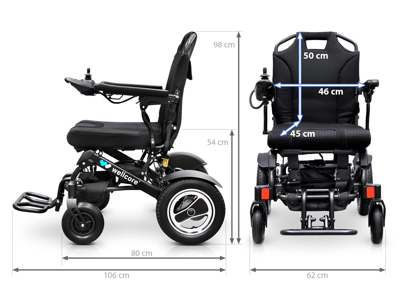 Silla de ruedas eléctrica Wellcore negra. Dimensiones: 106 cm largo, 80 cm ancho, 98 cm alto. Asiento 45 cm ancho, 46 cm profundo y 50 cm alto.