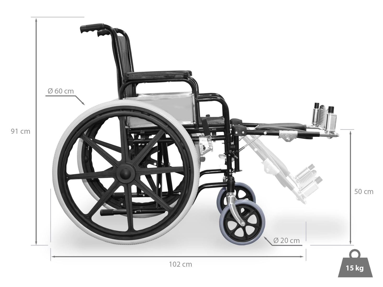 Una silla de ruedas negra con ruedas traseras grandes y delanteras más pequeñas. Se indican las dimensiones y el peso.