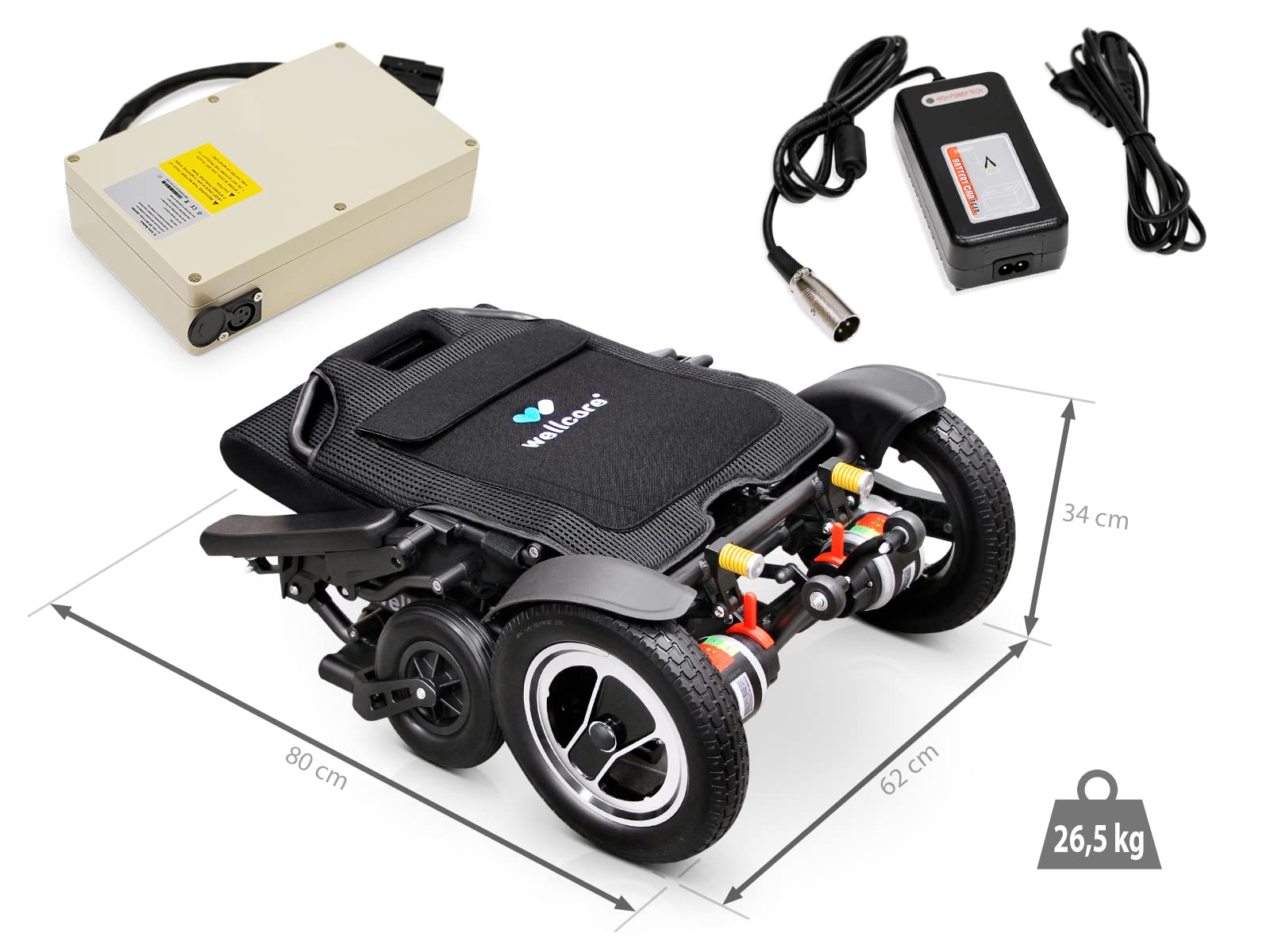 Una silla de ruedas eléctrica plegable con batería, cargador y dimensiones indicadas. Pesa 26,5 kg.