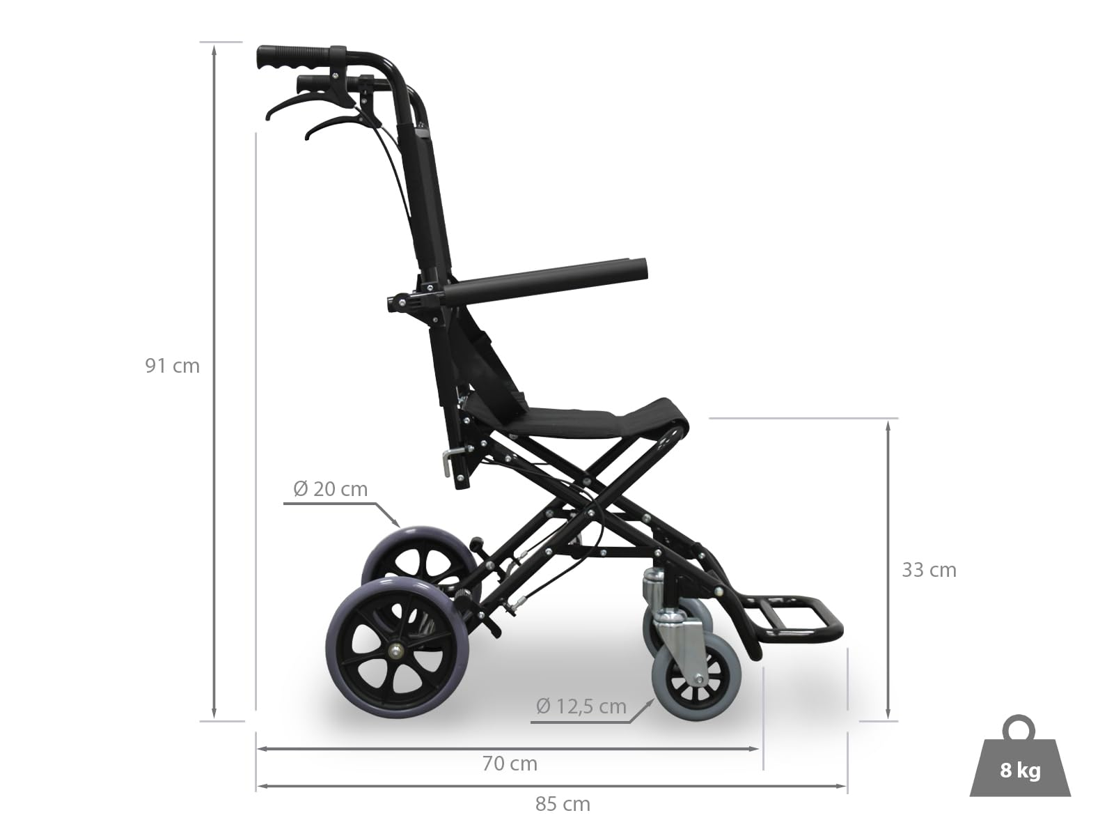 Andador plegable negro con asiento, dimensiones etiquetadas. Incluye 3 ruedas, peso de 8 kg y medidas en cm.