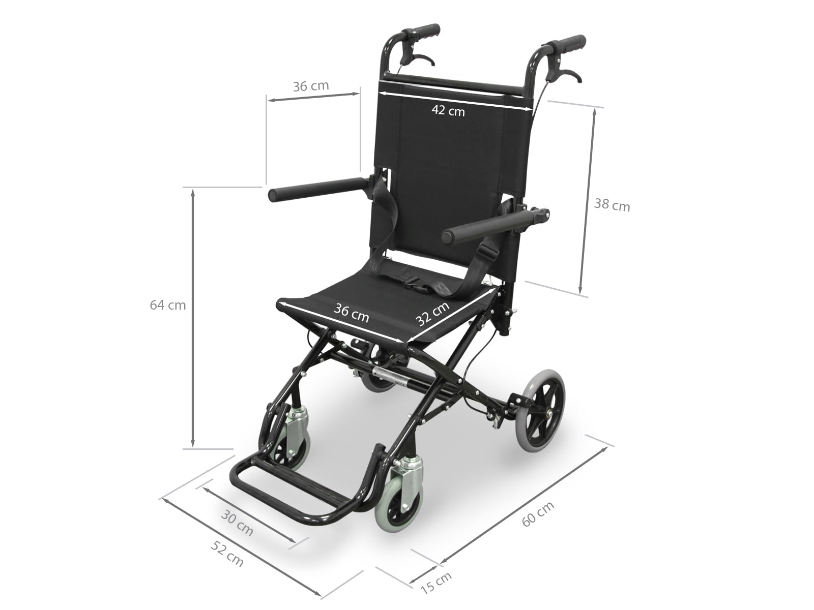 Una silla de ruedas plegable con asiento y respaldo negros, marco negro y ruedas grises. Dimensiones etiquetadas.