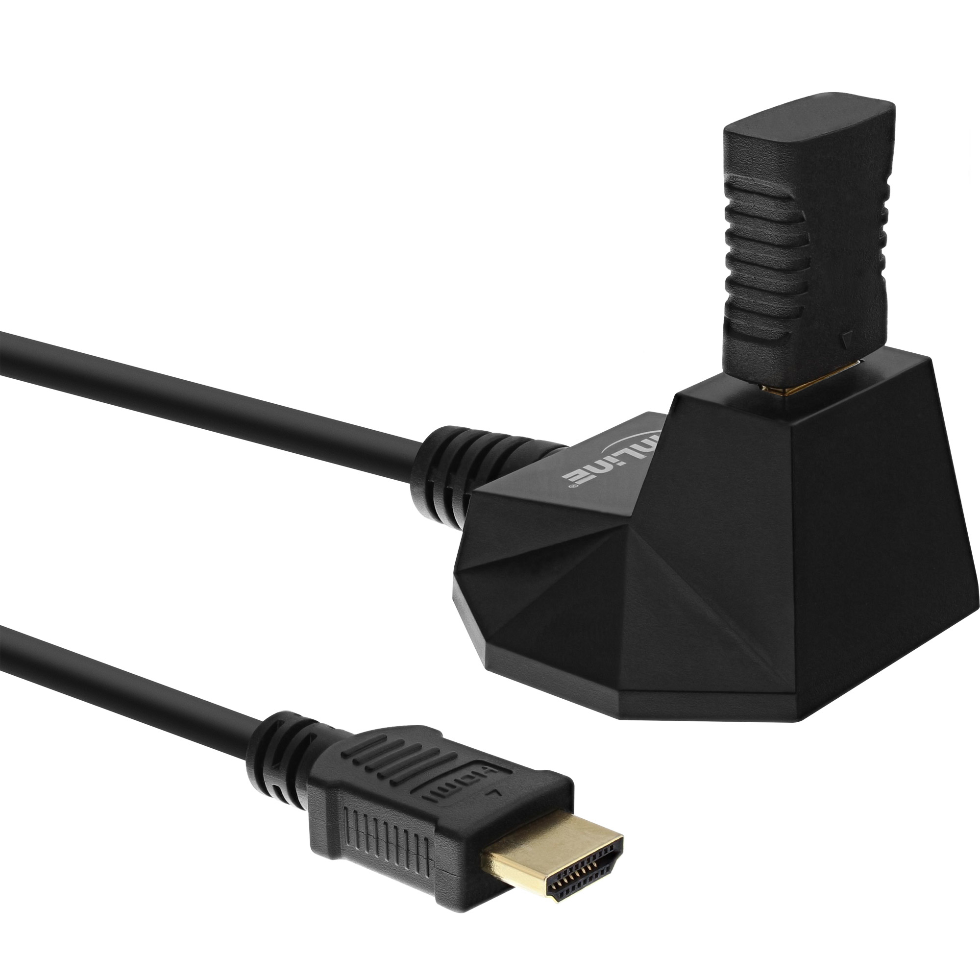 Zwarte HDMI-kabel en adapter. De adapter heeft een unieke vorm. Witte achtergrond.