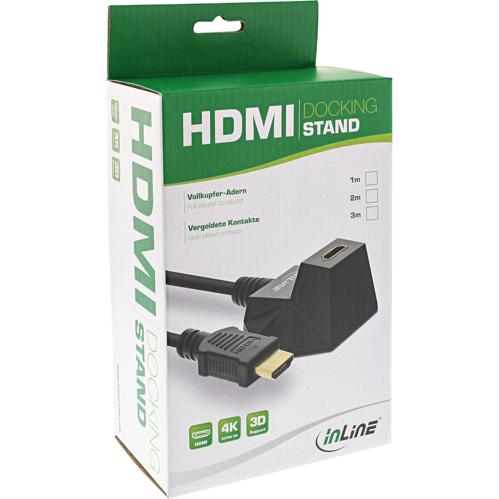 HDMI docking stand doos. Het is wit met groene accenten, met een zwarte HDMI-kabel en een zwarte adapter.