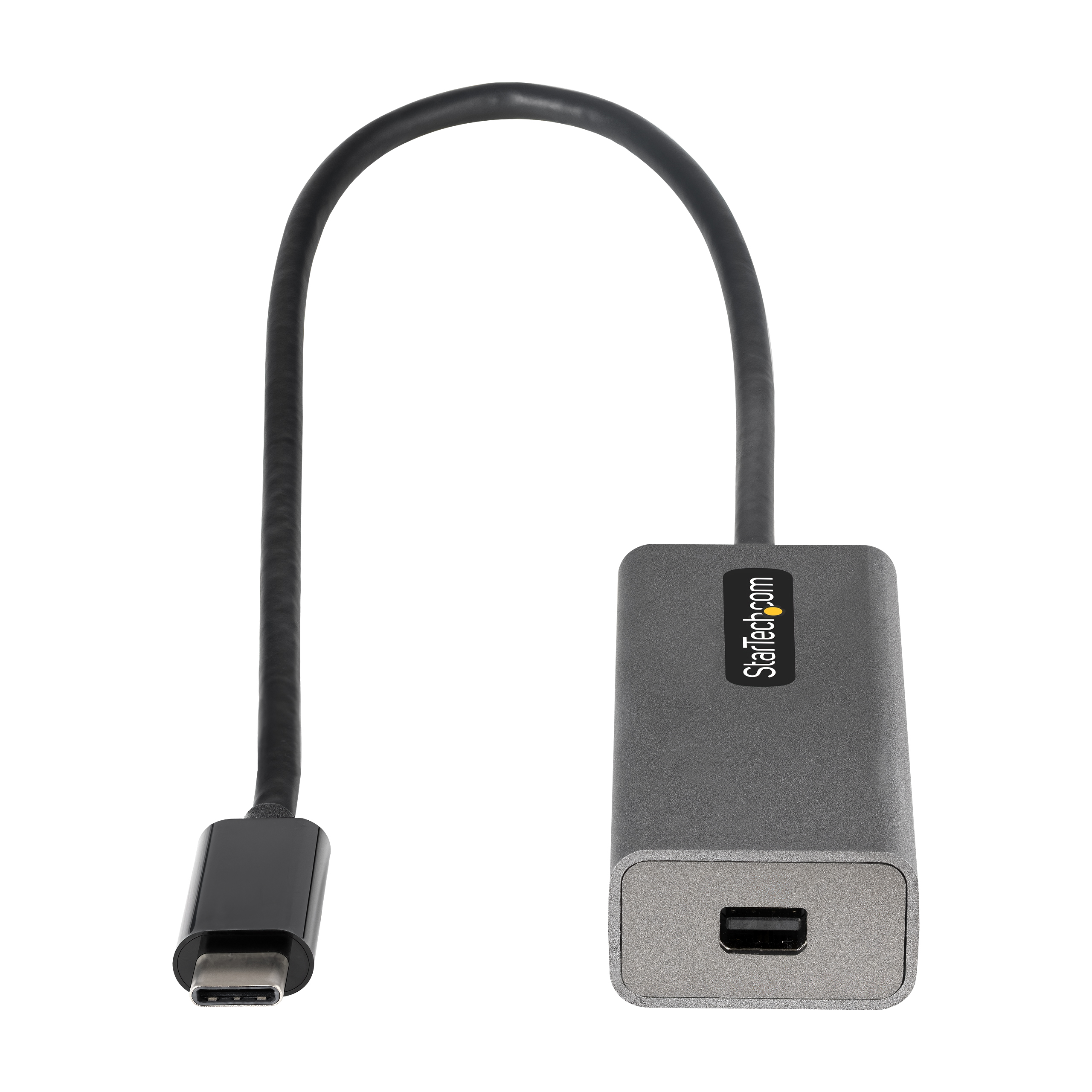 Un cable adaptador USB-C a HDMI gris. El cable es negro y se curva hacia un bloque rectangular gris. Fondo blanco.