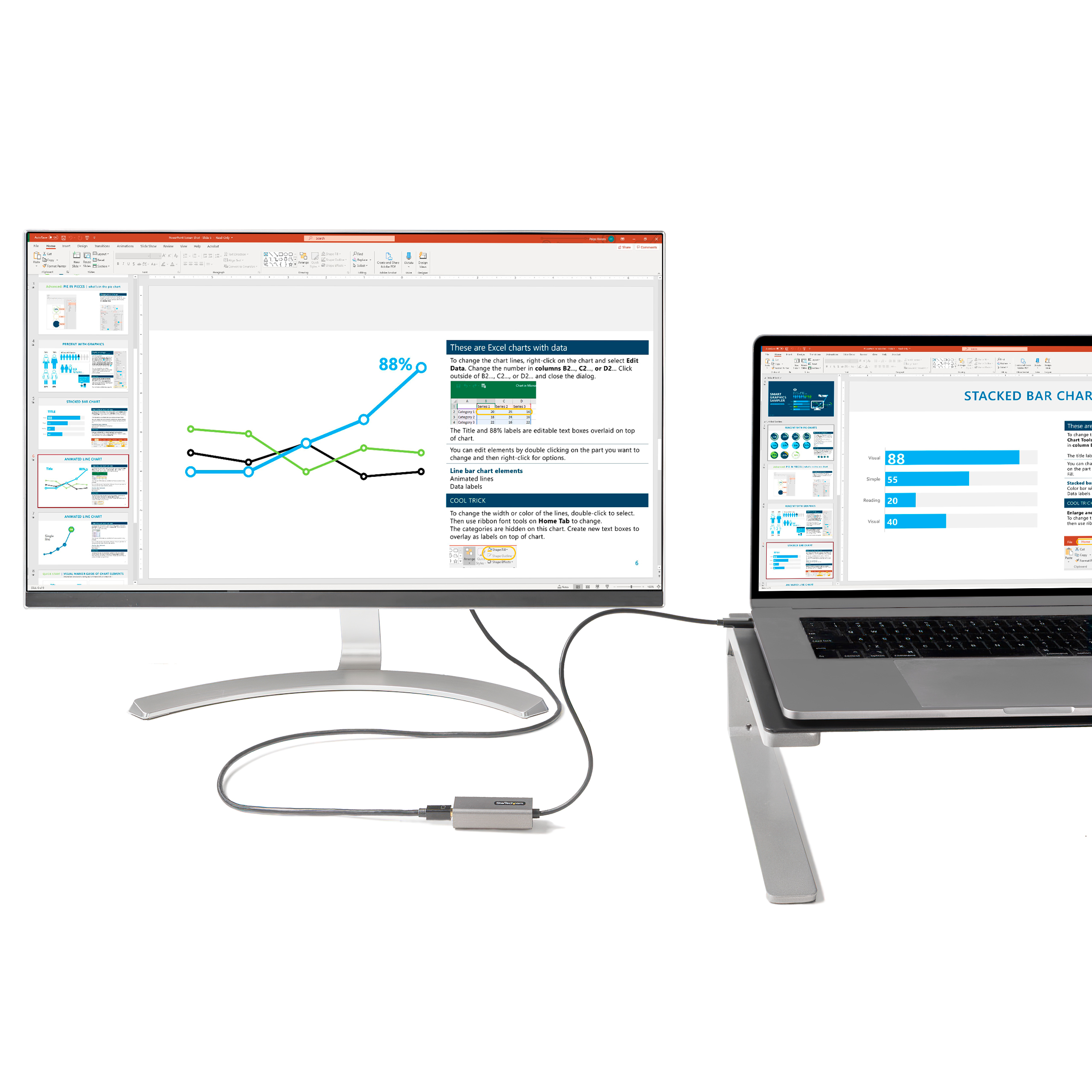 Una laptop y un monitor muestran una hoja de cálculo y gráficos, conectados por un cable.