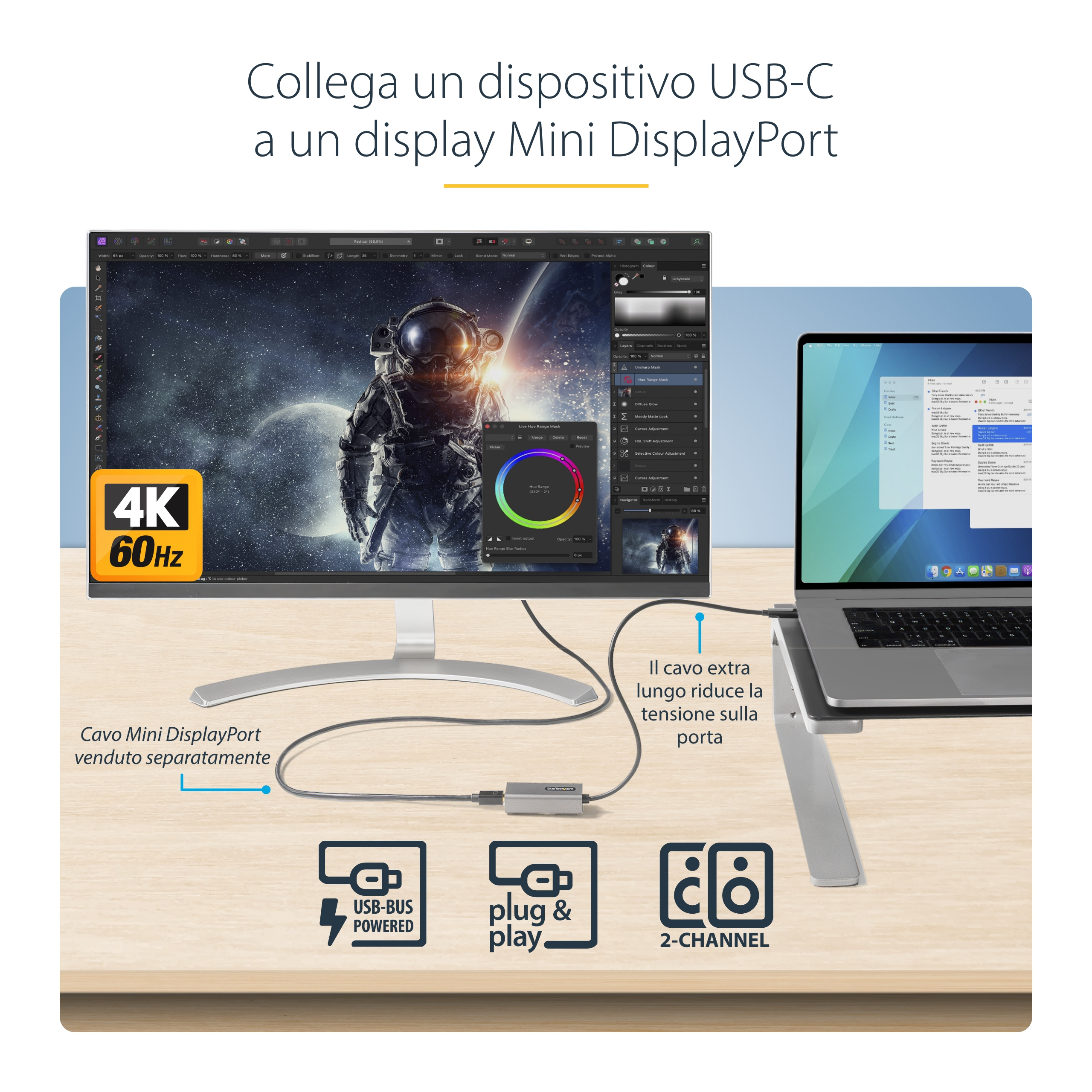 Monitor, portátil y adaptador conectados por cables. Texto menciona conexión USB-C a Mini DisplayPort.