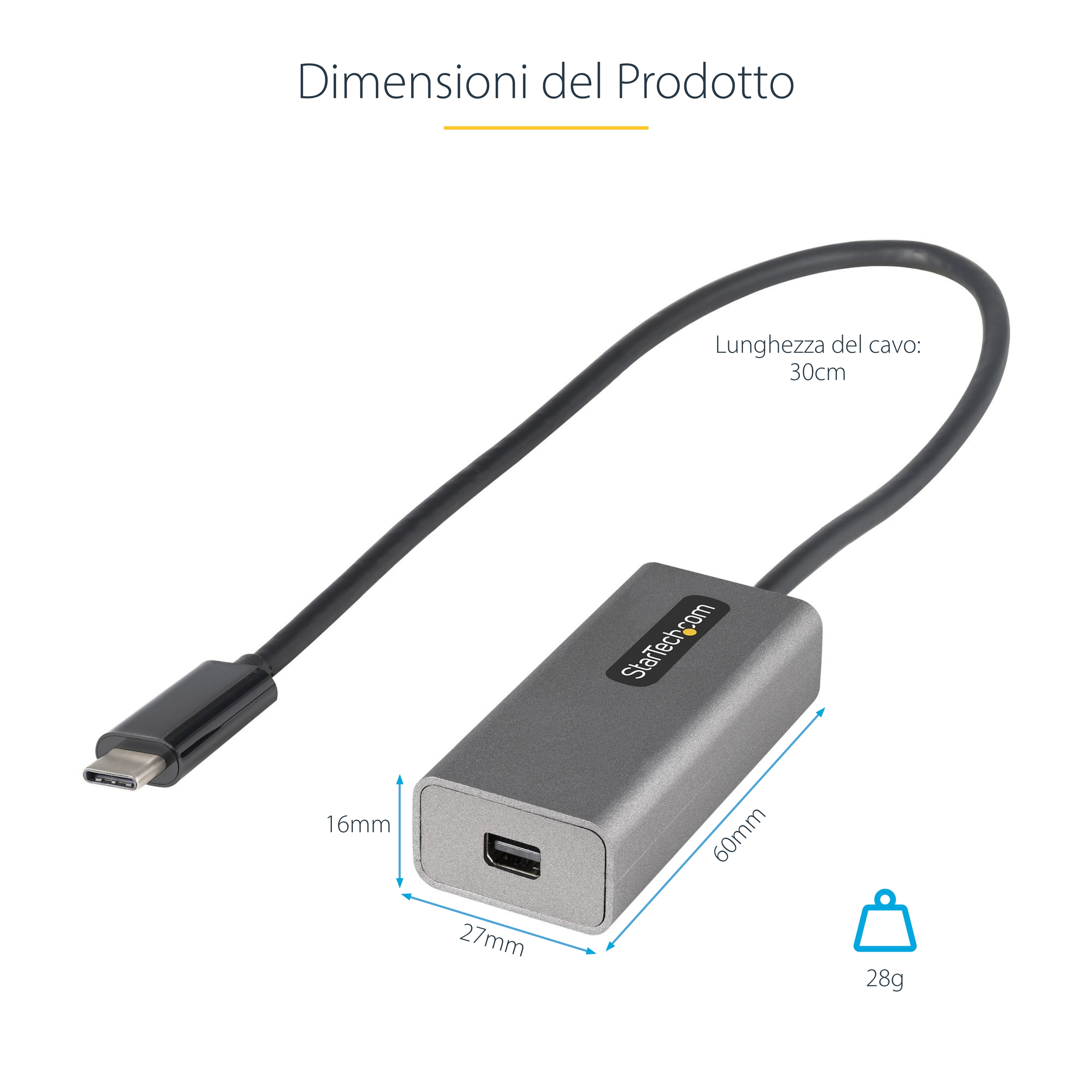 Un adaptador USB-C gris con dimensiones. El cable es negro y se curva hacia el adaptador gris.