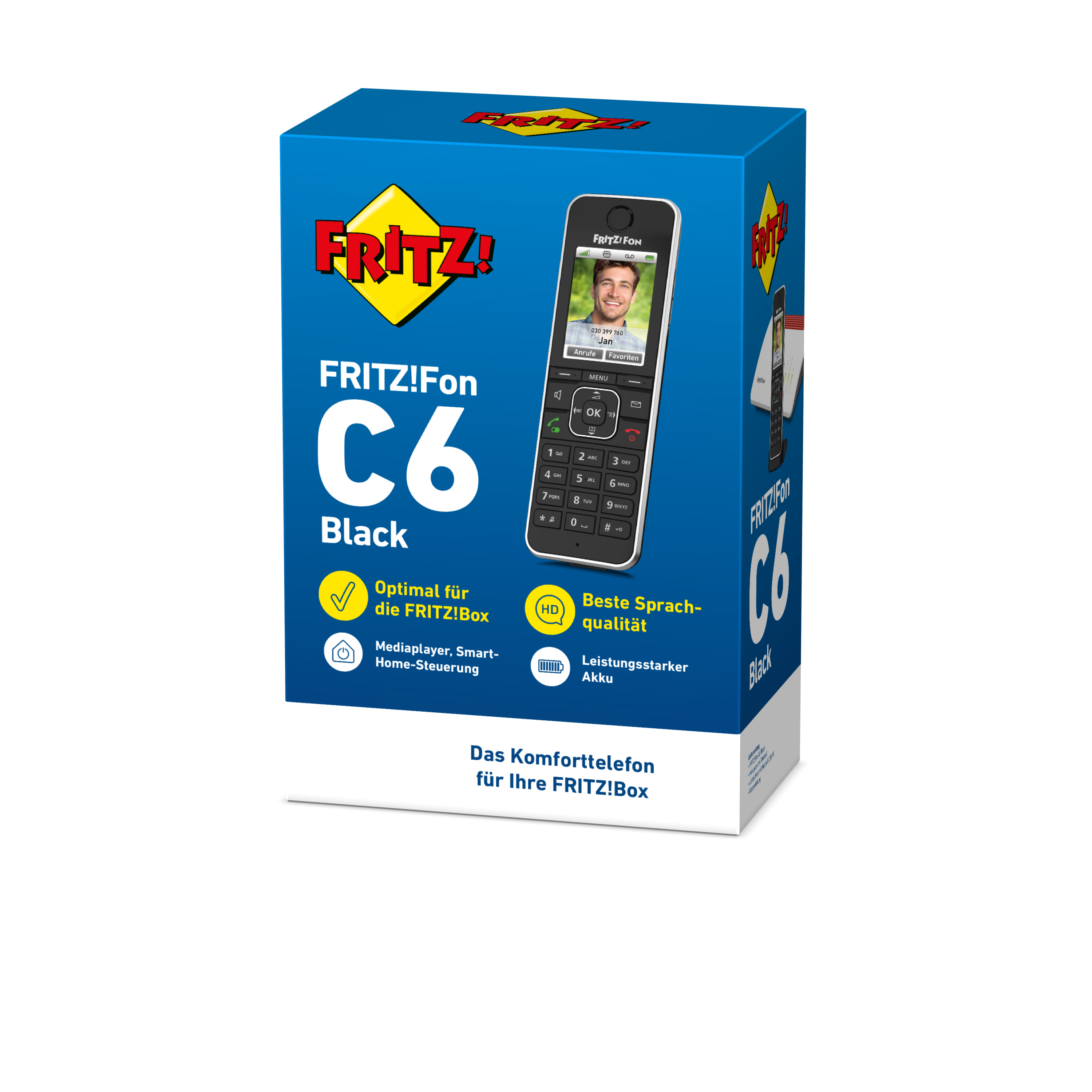 A box with a phone image. The phone shows a contact and has a keypad. The box is blue.