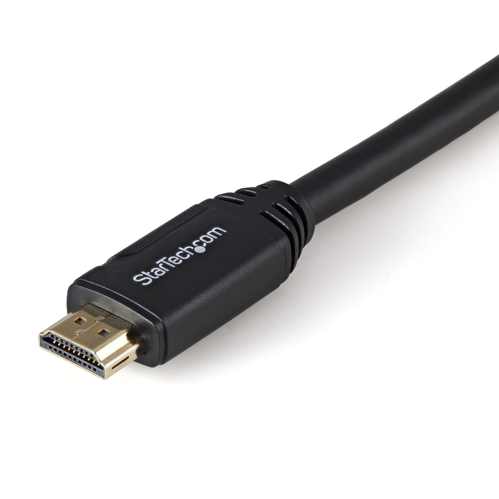 Câble HDMI noir avec connecteur doré sur fond blanc. 'StarTech.com' est imprimé sur le câble.