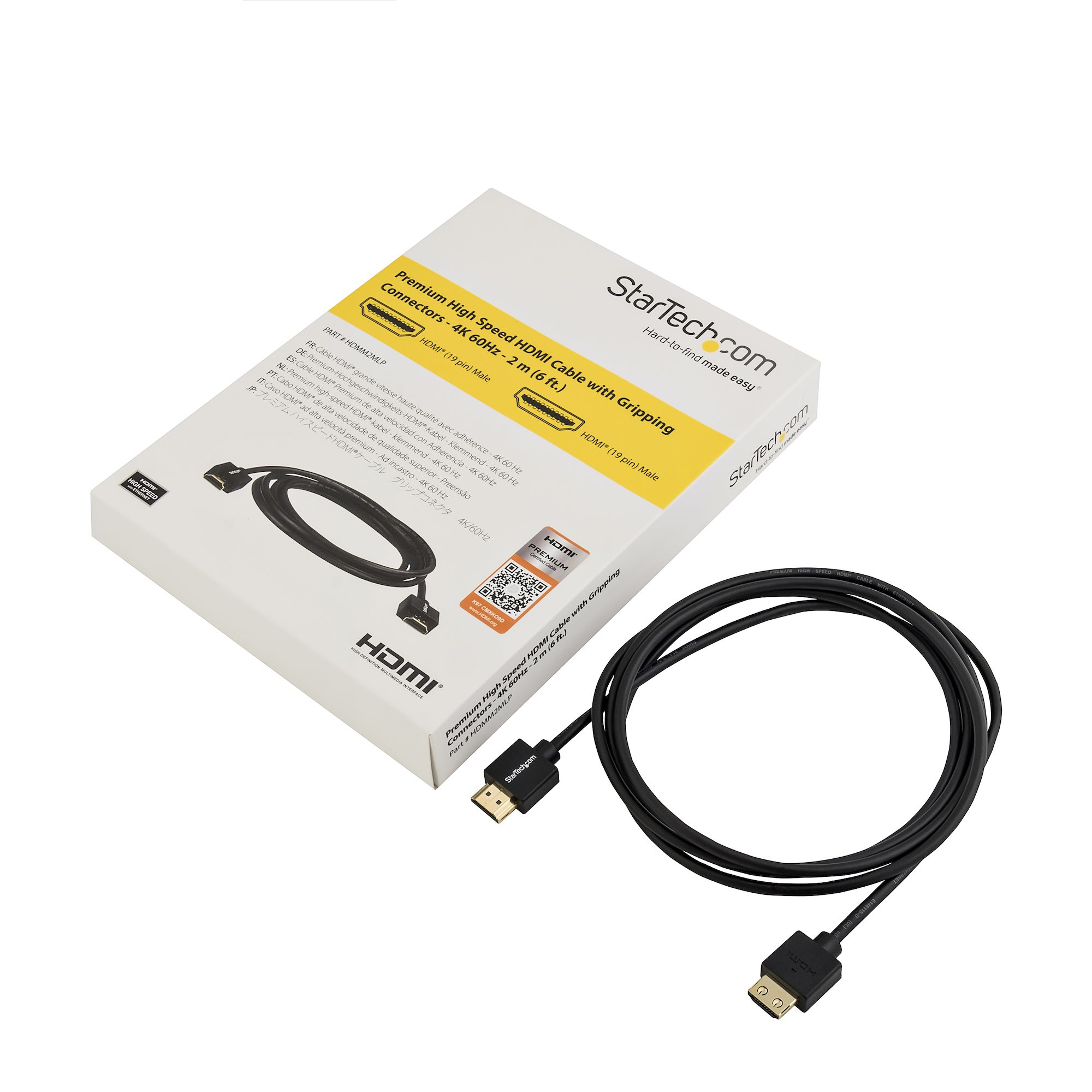 Cable HDMI negro con conectores, en caja blanca con texto. Logotipo StarTech.com visible.