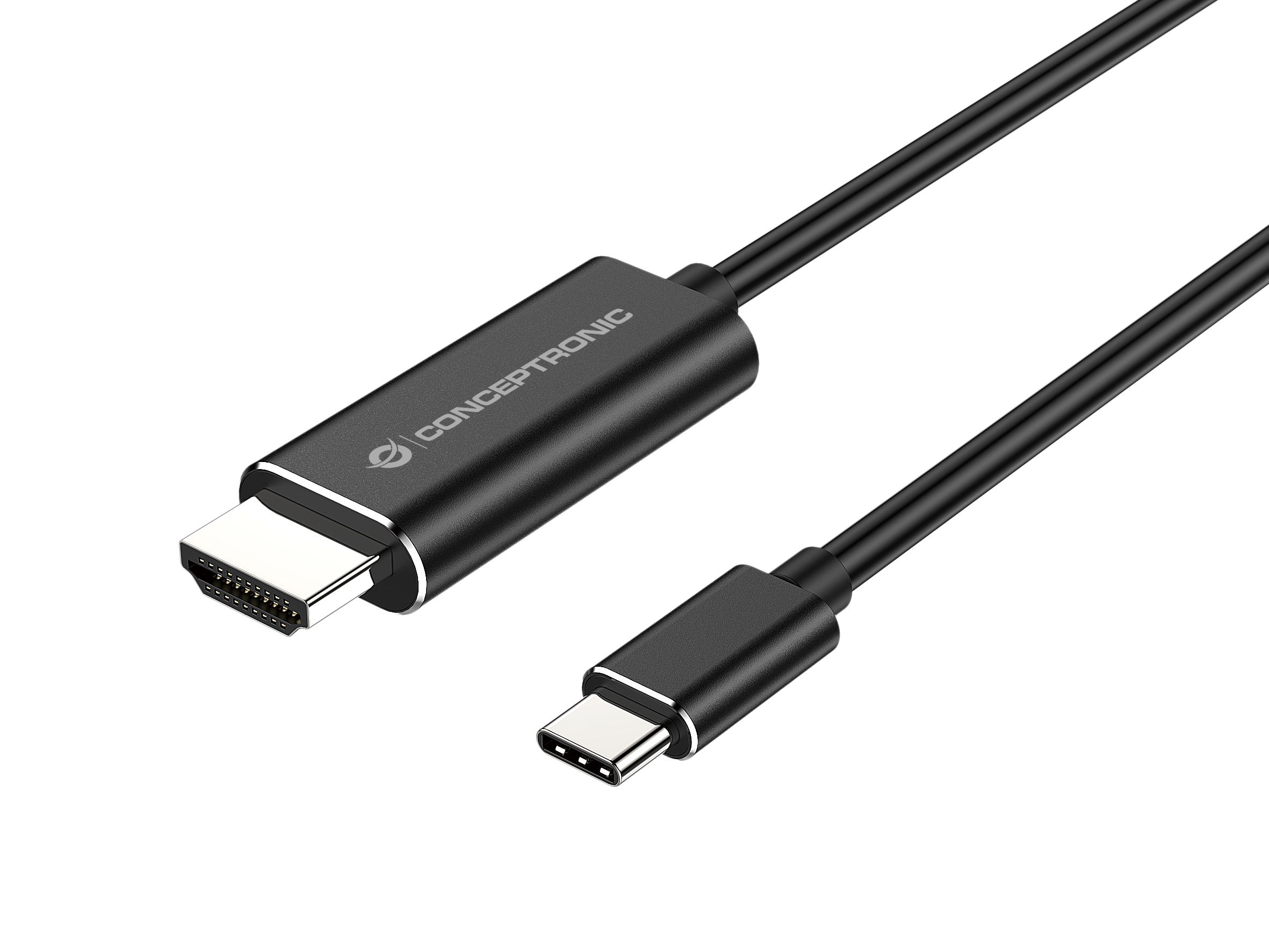 Un cable negro Conceptronic HDMI a USB-C sobre una superficie blanca. Los conectores están en extremos opuestos.