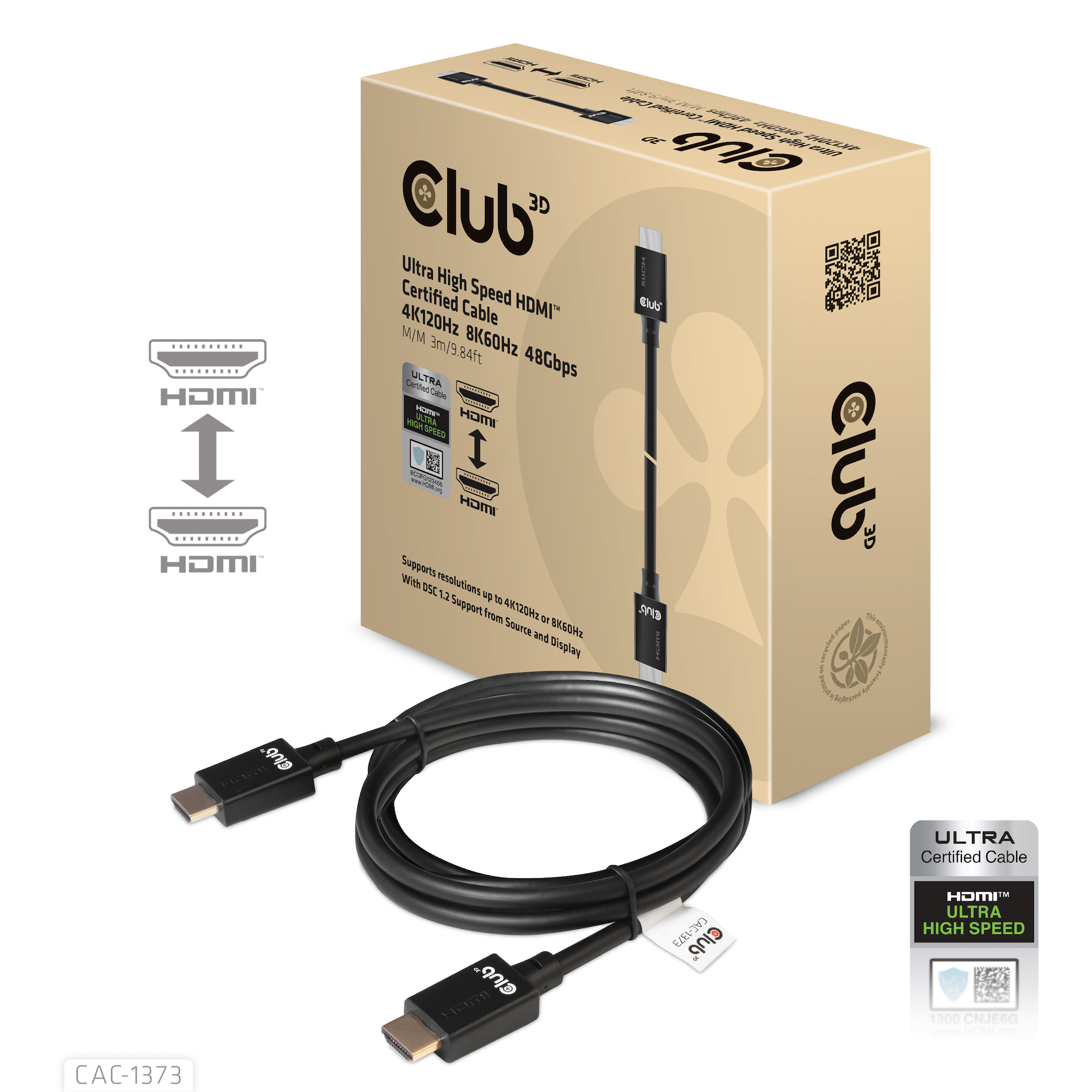 Ein HDMI-Kabel mit einer Box. Auf der Box steht 'Club 3D'. Das Kabel ist schwarz.