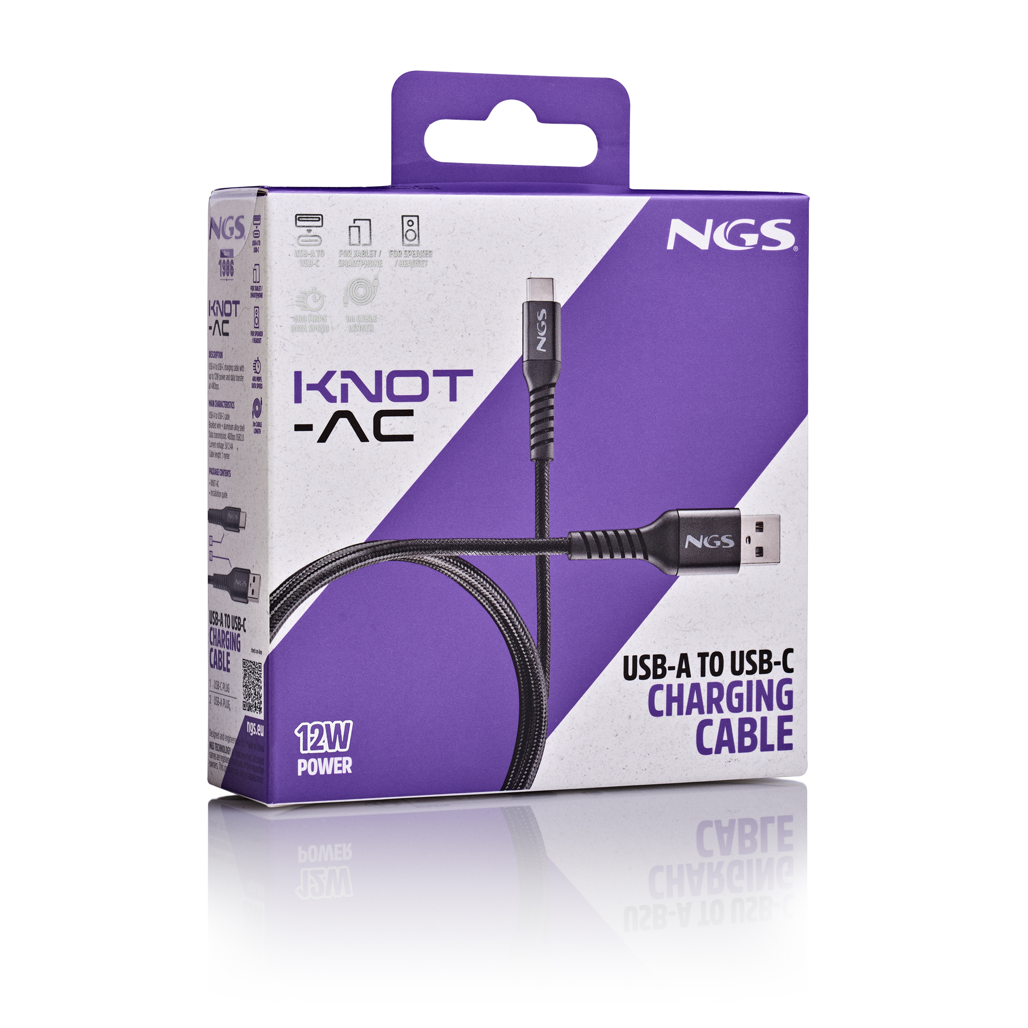 Una caja de cable de carga NGS Knot-AC USB-A a USB-C, cable negro frente a la caja, fondo blanco.