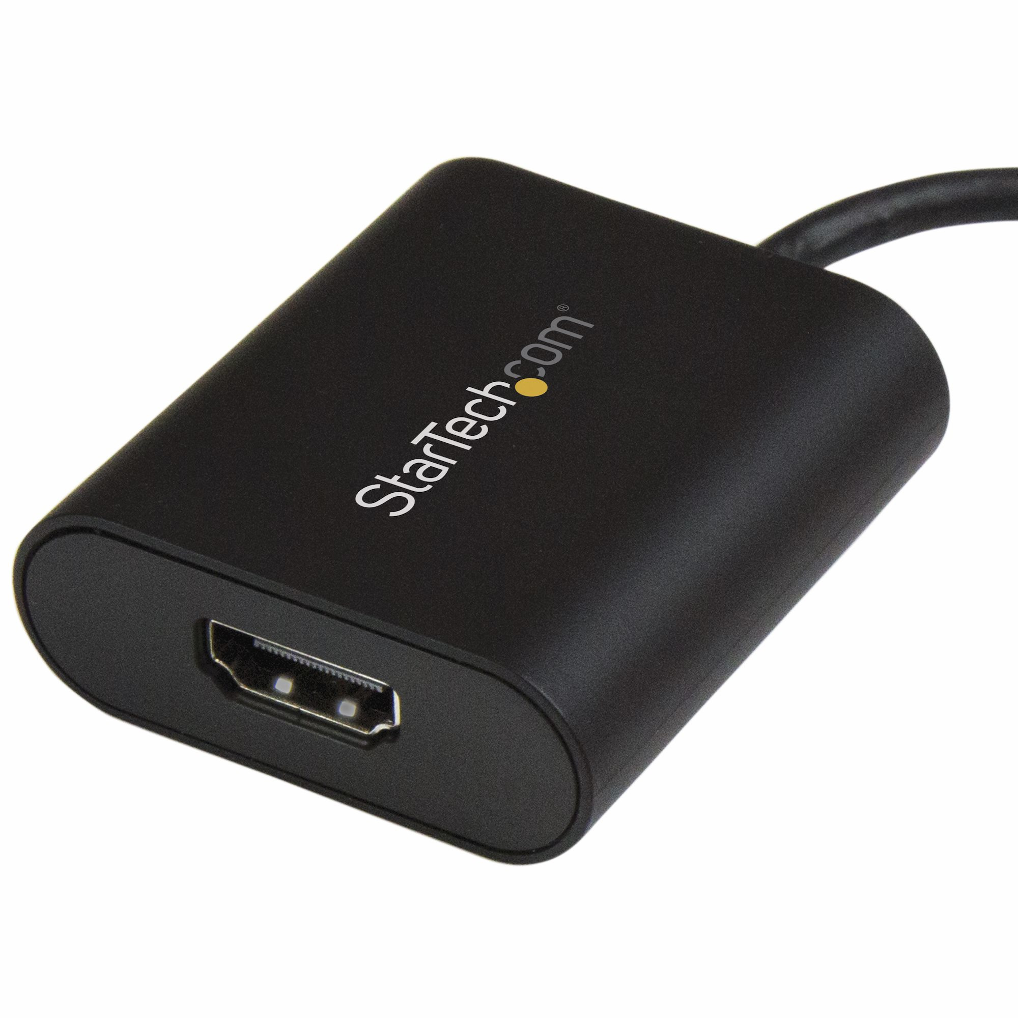 Adaptador HDMI StarTech negro con puerto visible y cable negro conectado. Fondo blanco.