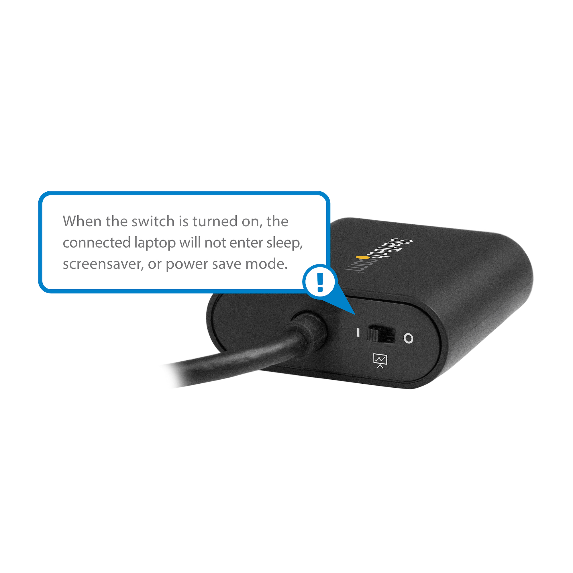 Dispositivo negro con interruptor, cable de alimentación y burbuja de texto que explica su función.