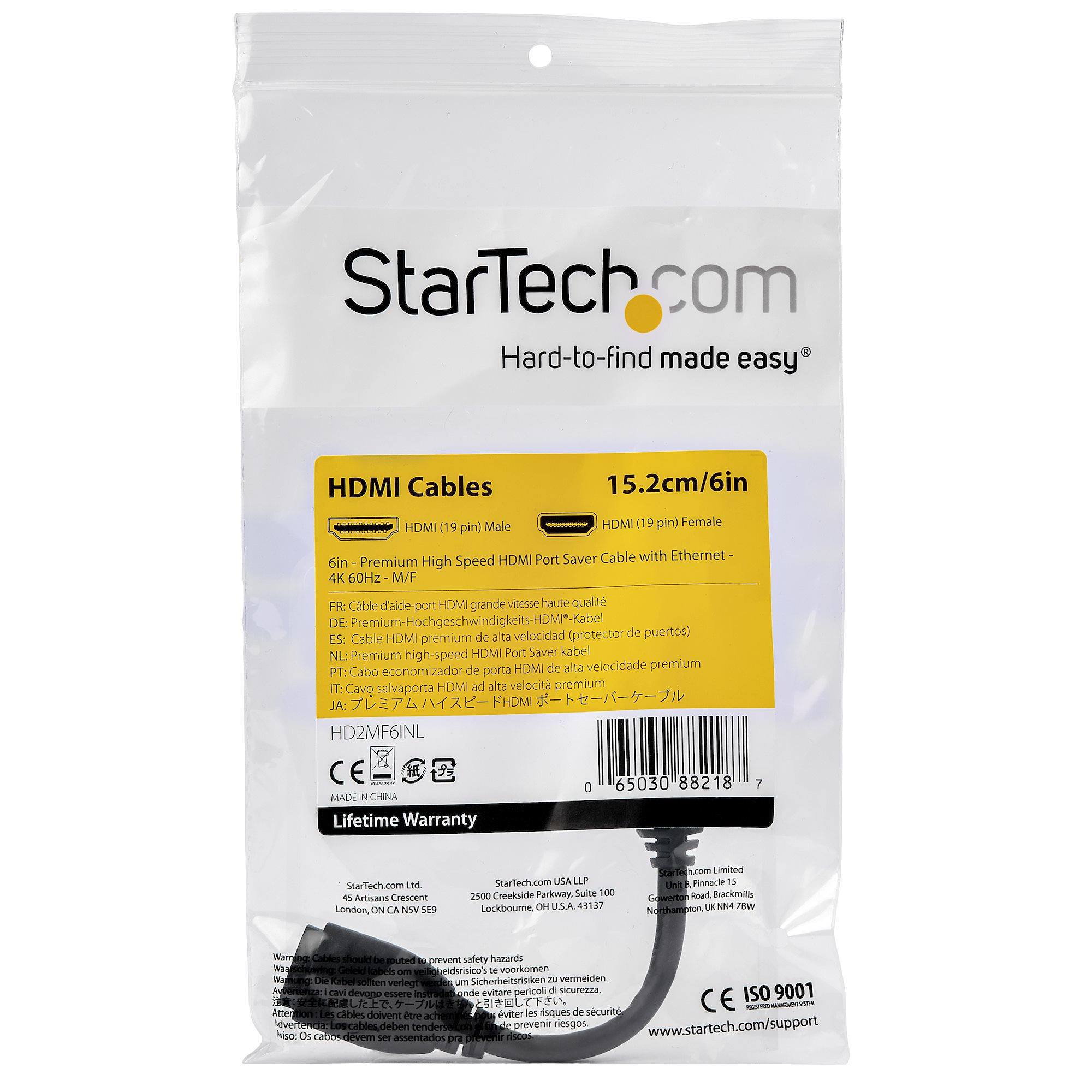 Un paquete de cable HDMI StarTech. El paquete tiene el logotipo de la empresa y una descripción de las características del cable.