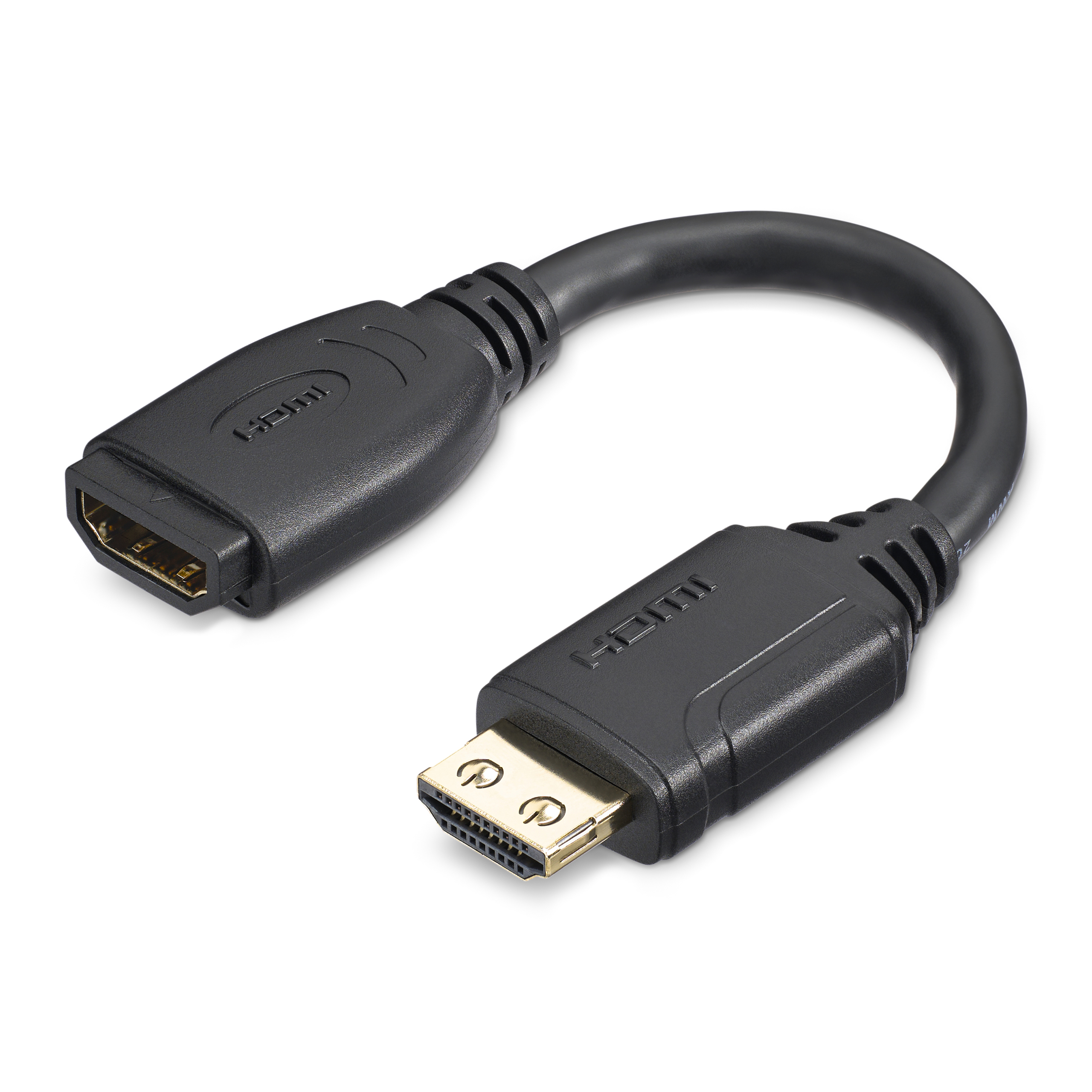 Un cable adaptador HDMI negro sobre un fondo blanco. Tiene dos extremos y un cable curvado.