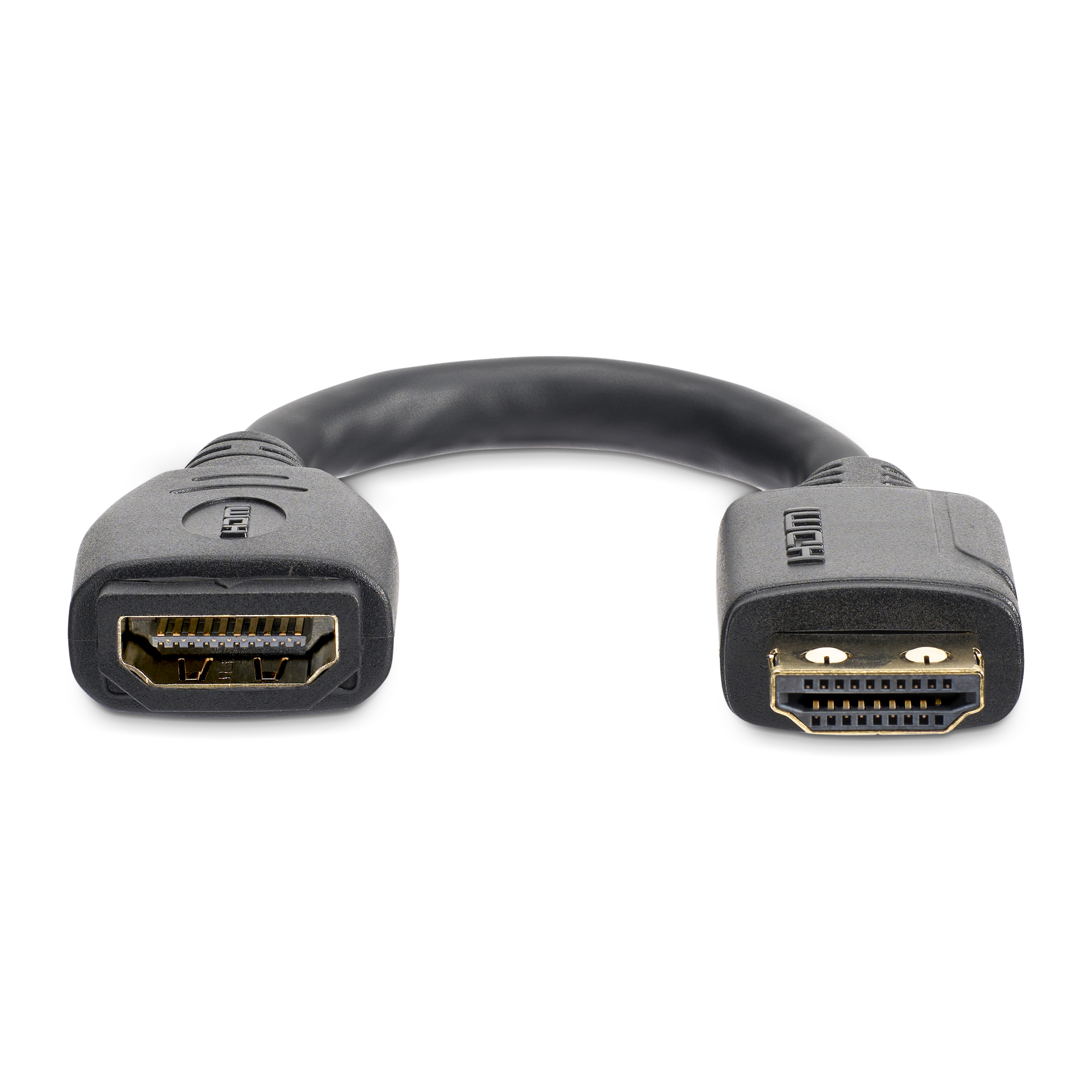 Un cable HDMI con dos conectores conectados por un cable negro flexible, sobre fondo blanco.