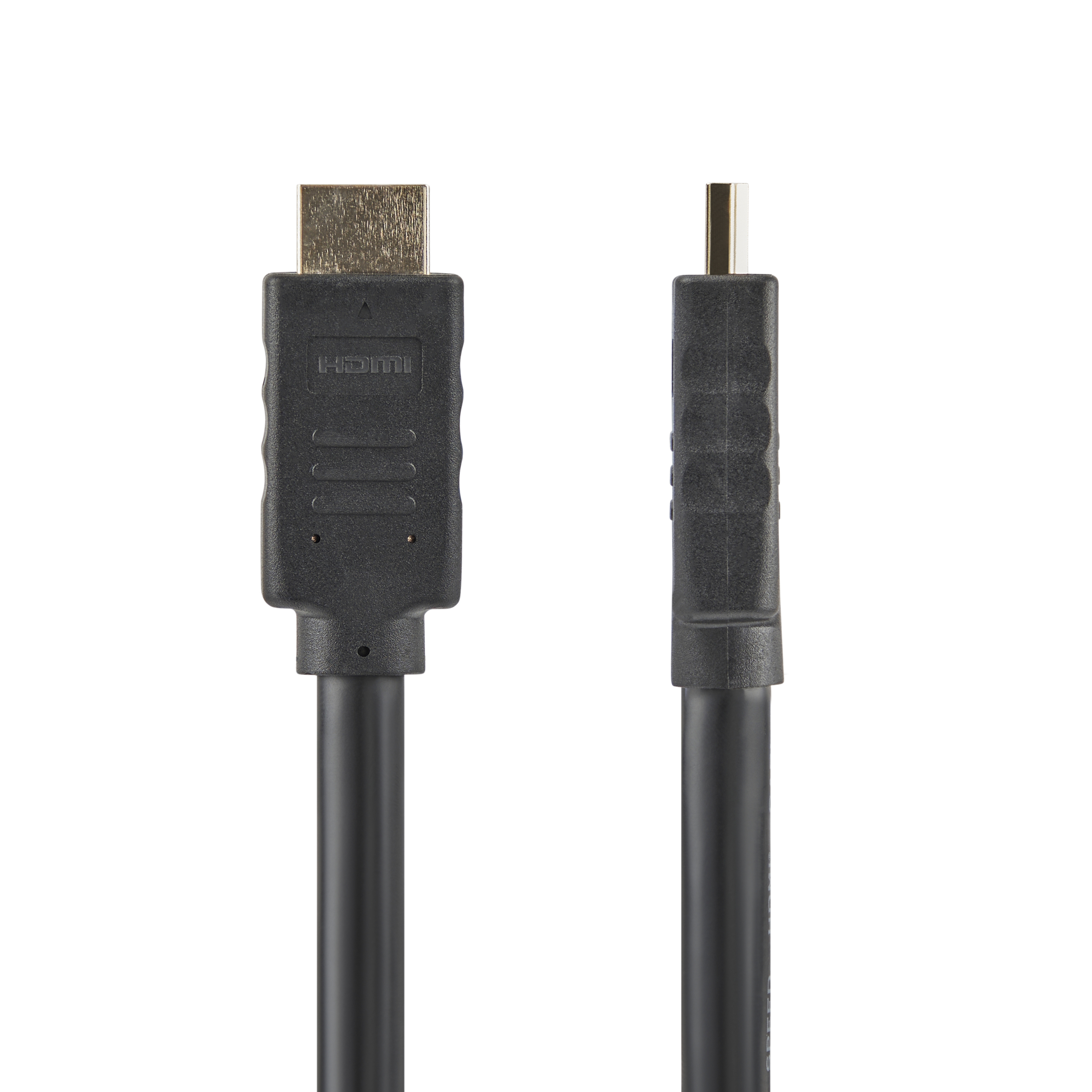 Dos cables HDMI negros sobre fondo blanco. Uno tiene conector rectangular, otro más pequeño.