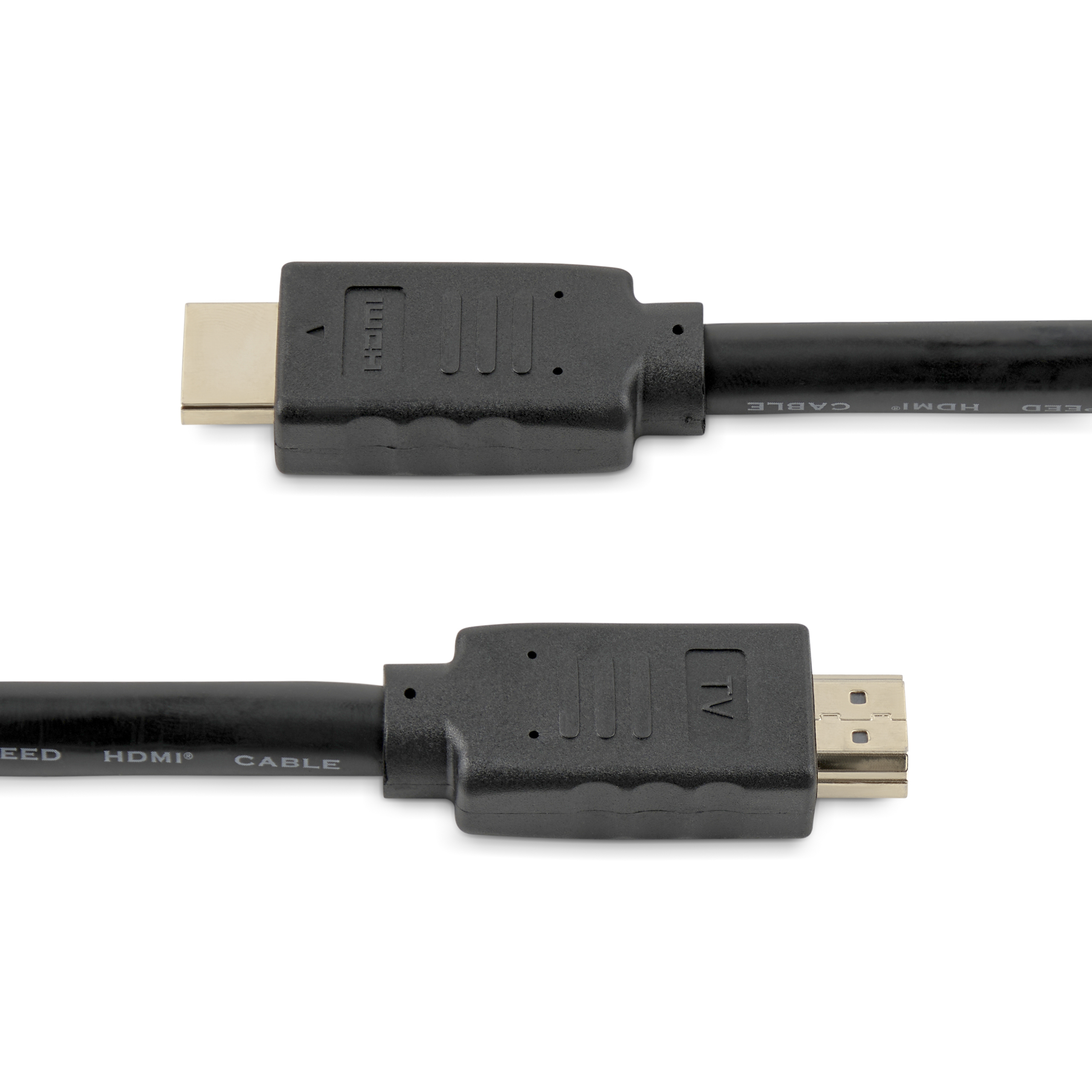 Dos cables HDMI negros sobre una superficie blanca. Conectores en cada extremo de los cables.