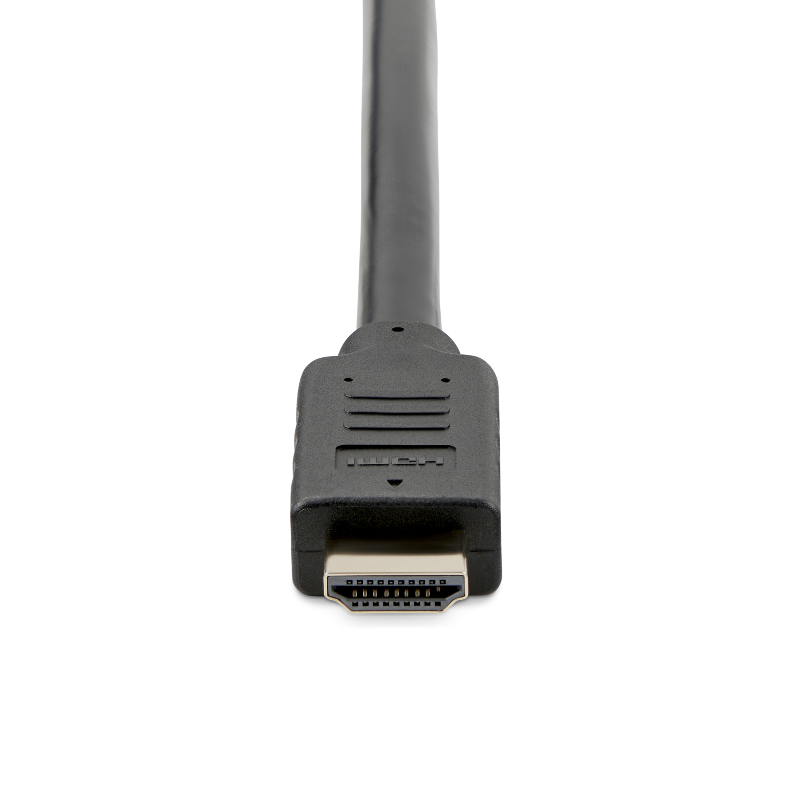 Cable HDMI negro con conector hacia el espectador. Fondo blanco. Logotipo HDMI visible en el conector.
