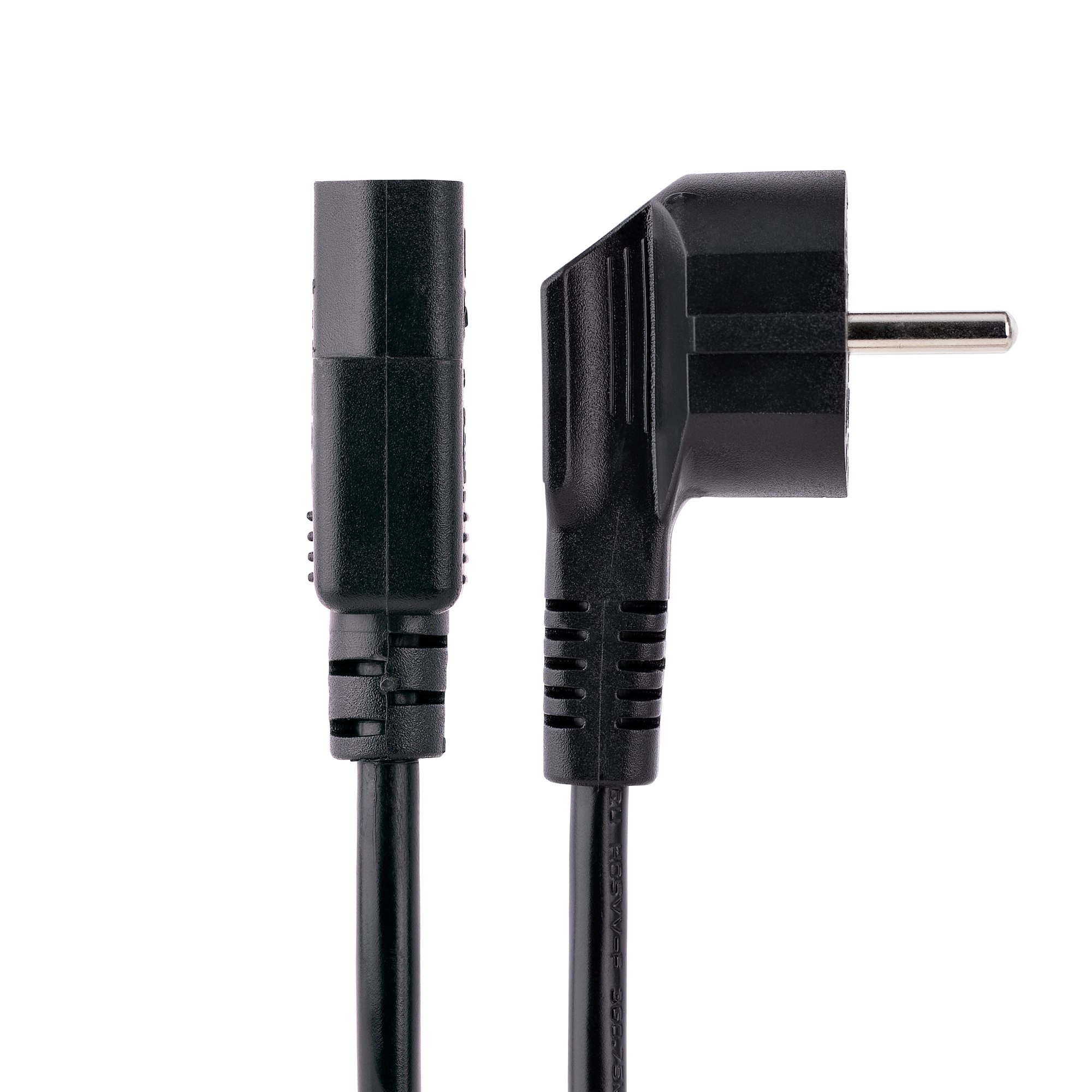 Ein schwarzes Netzkabel mit zwei Enden: ein Buchsenstecker und ein europäischer Stecker, vor weißem Hintergrund.