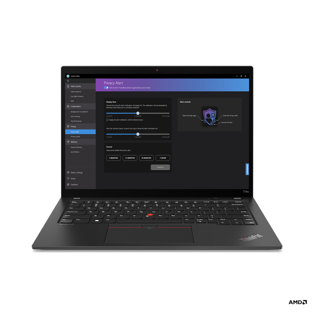 Laptop Lenovo ThinkPad T14s wyświetla menu powiadomień o prywatności. Opcje obejmują czas wyświetlania, drzemkę i kontrolę alertów.