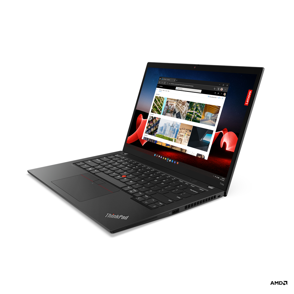 Otwarty czarny laptop ThinkPad wyświetla stronę internetową ze zdjęciami. Logo Lenovo po prawej. Logo AMD na dole.