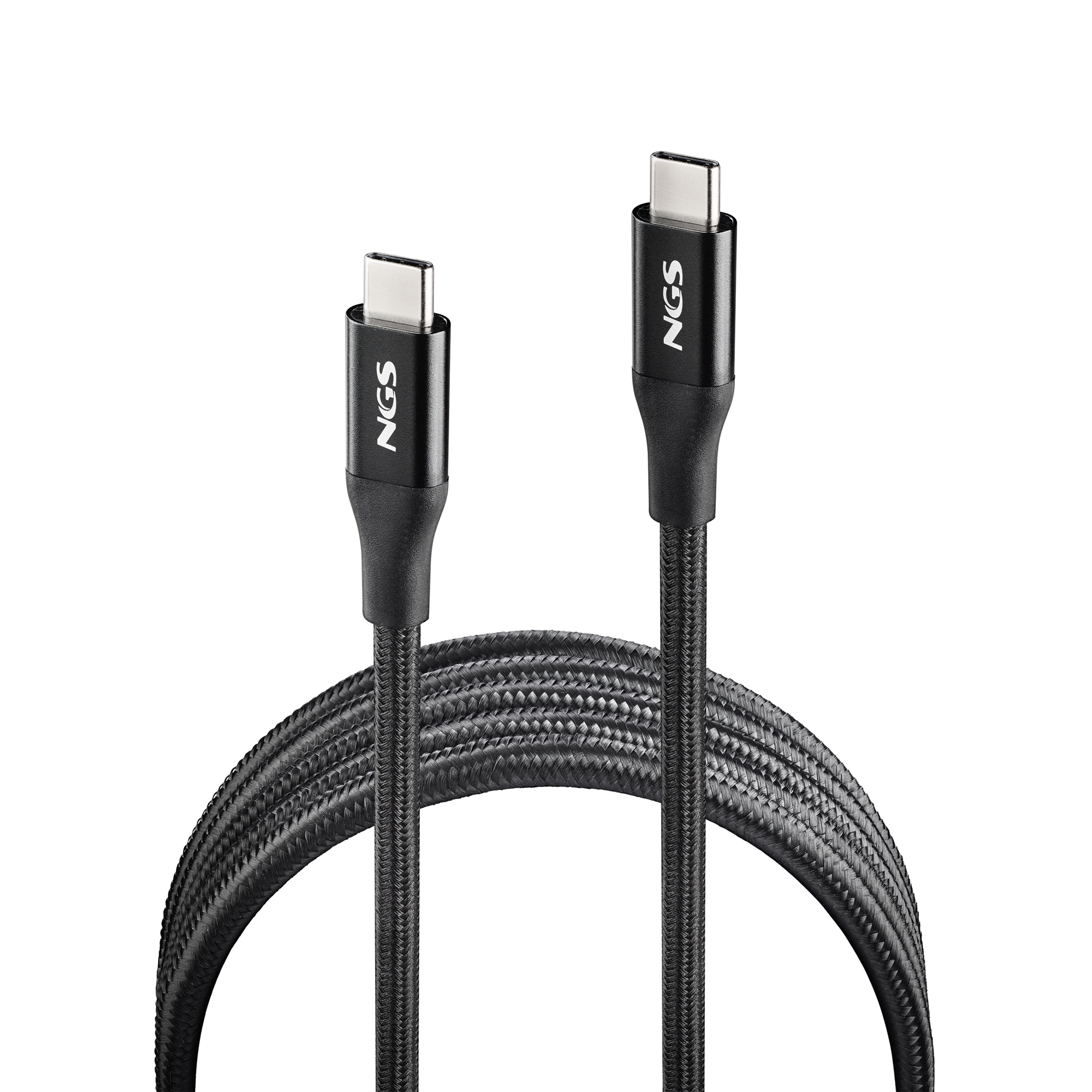 Dos cables USB-C negros, con la marca 'NGS', sobre un fondo blanco. Los cables son trenzados.