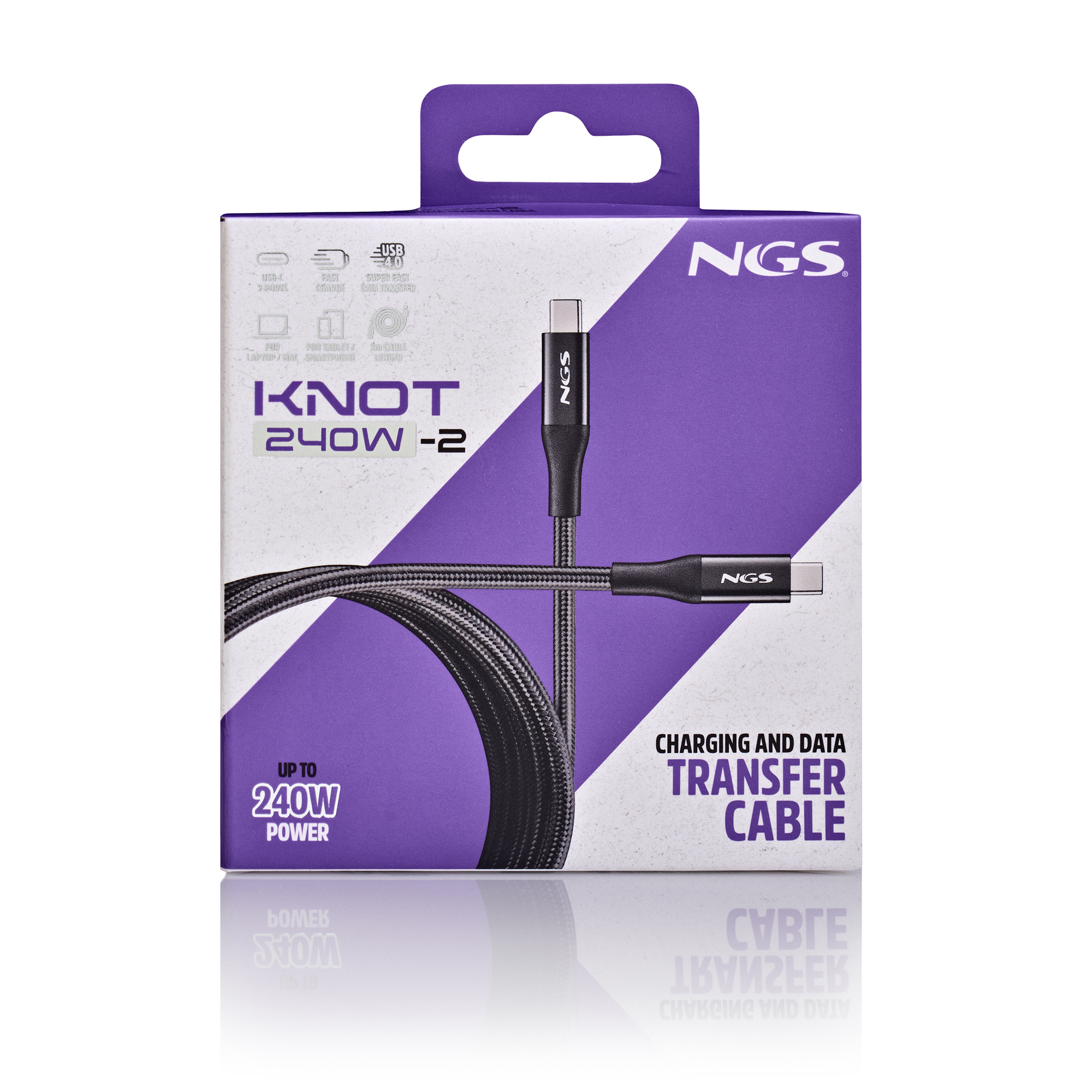 Caja de producto para un cable USB-C negro, etiquetado 'Knot 240W-2' por NGS, para carga y transferencia de datos.