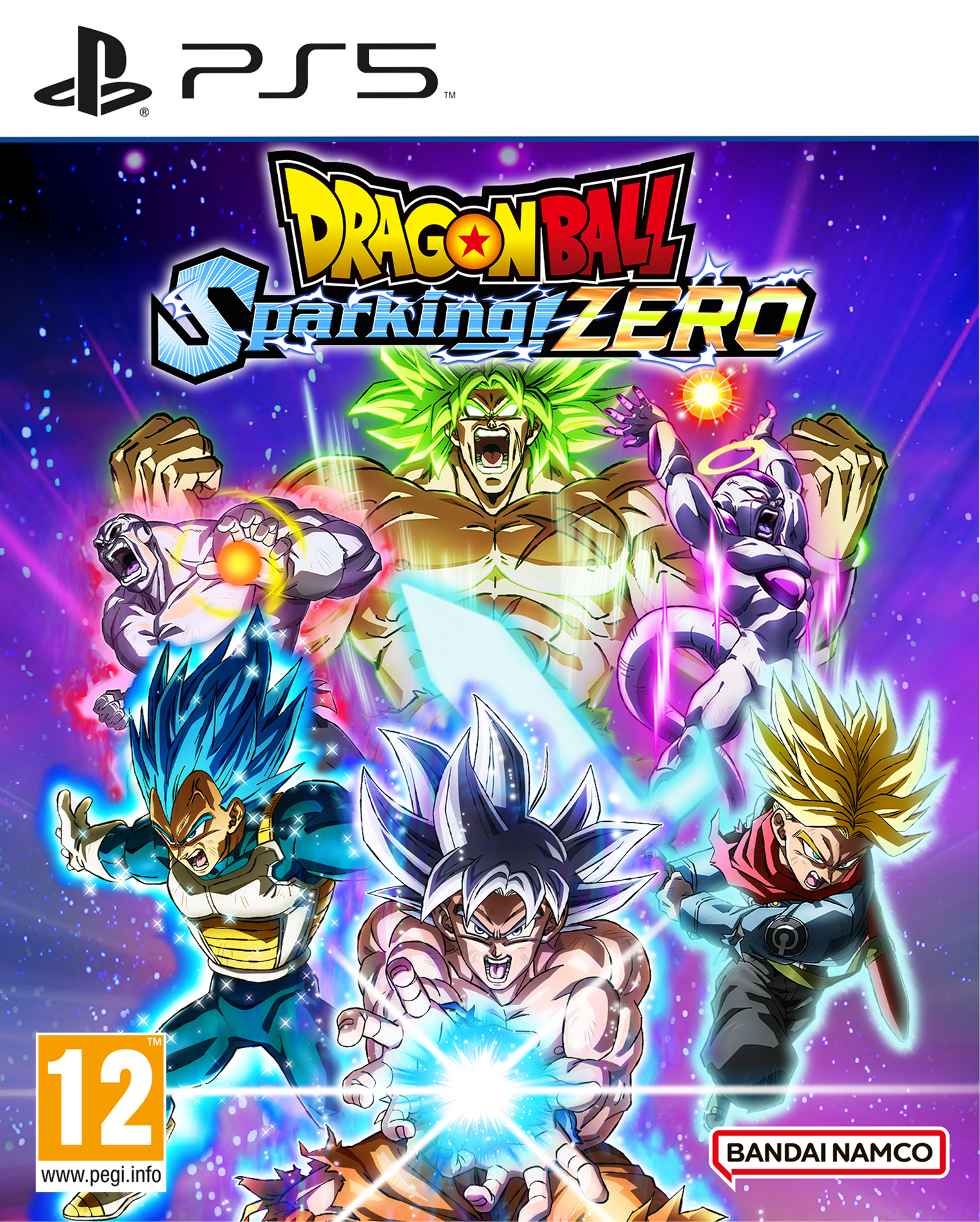 Copertina del gioco Dragon Ball Sparking! Zero. I personaggi sono mostrati in azione, con sfondo viola. Il logo PS5 è in alto.