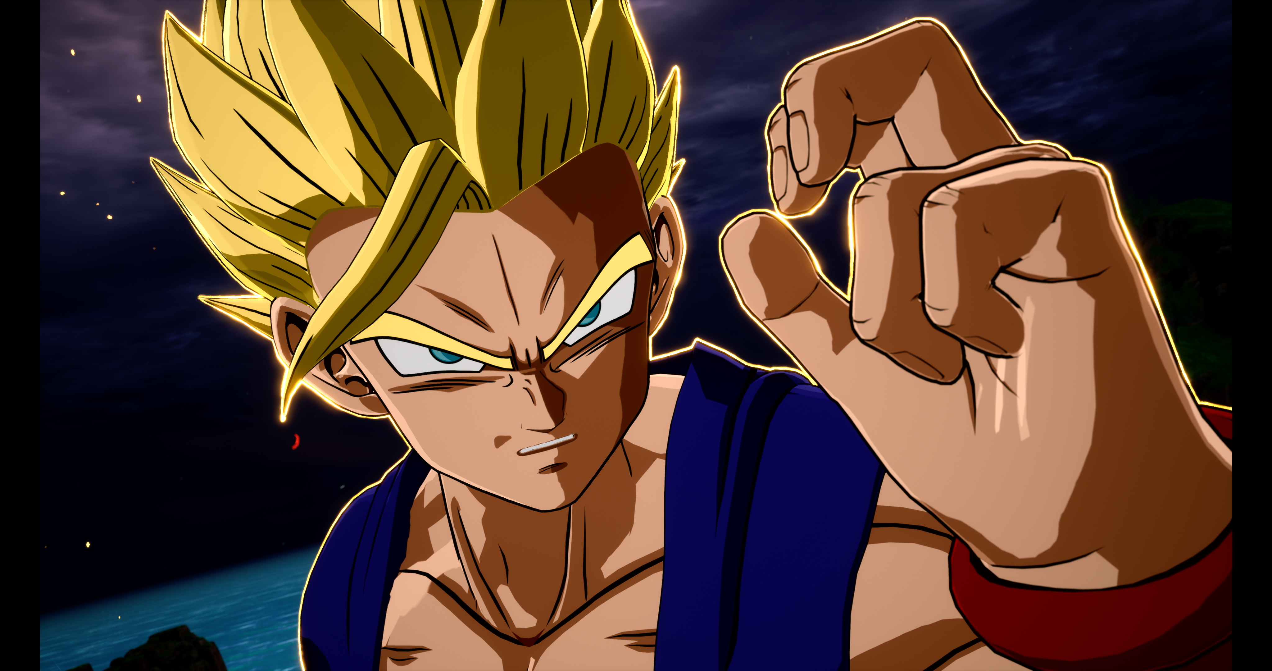 Personaggio anime con capelli gialli a punta e occhi blu. Alza la mano, formando un pugno. Camicia blu scuro. Sfondo con acqua e cielo.