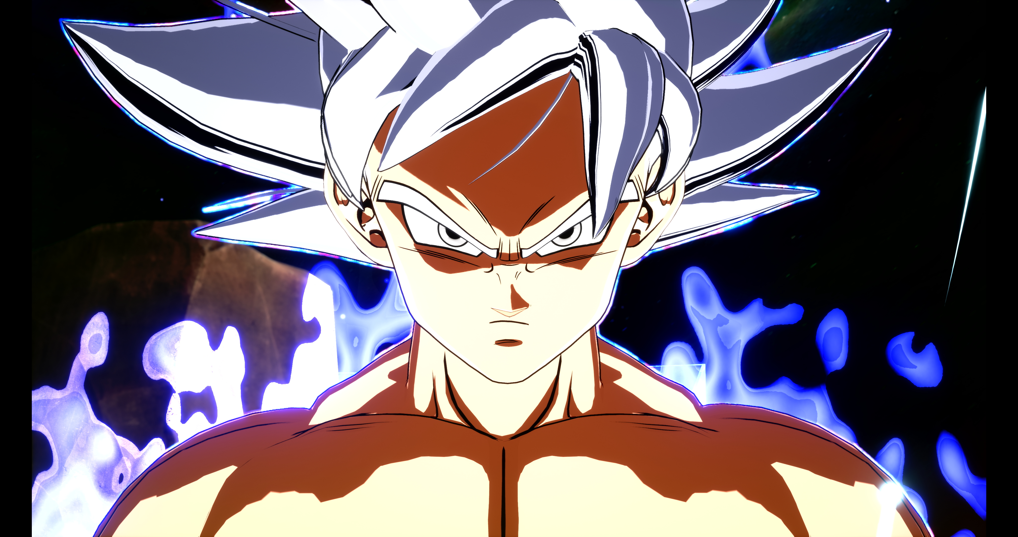 Personaggio anime con capelli bianchi e sguardo intenso. Energia blu lo circonda su sfondo scuro.