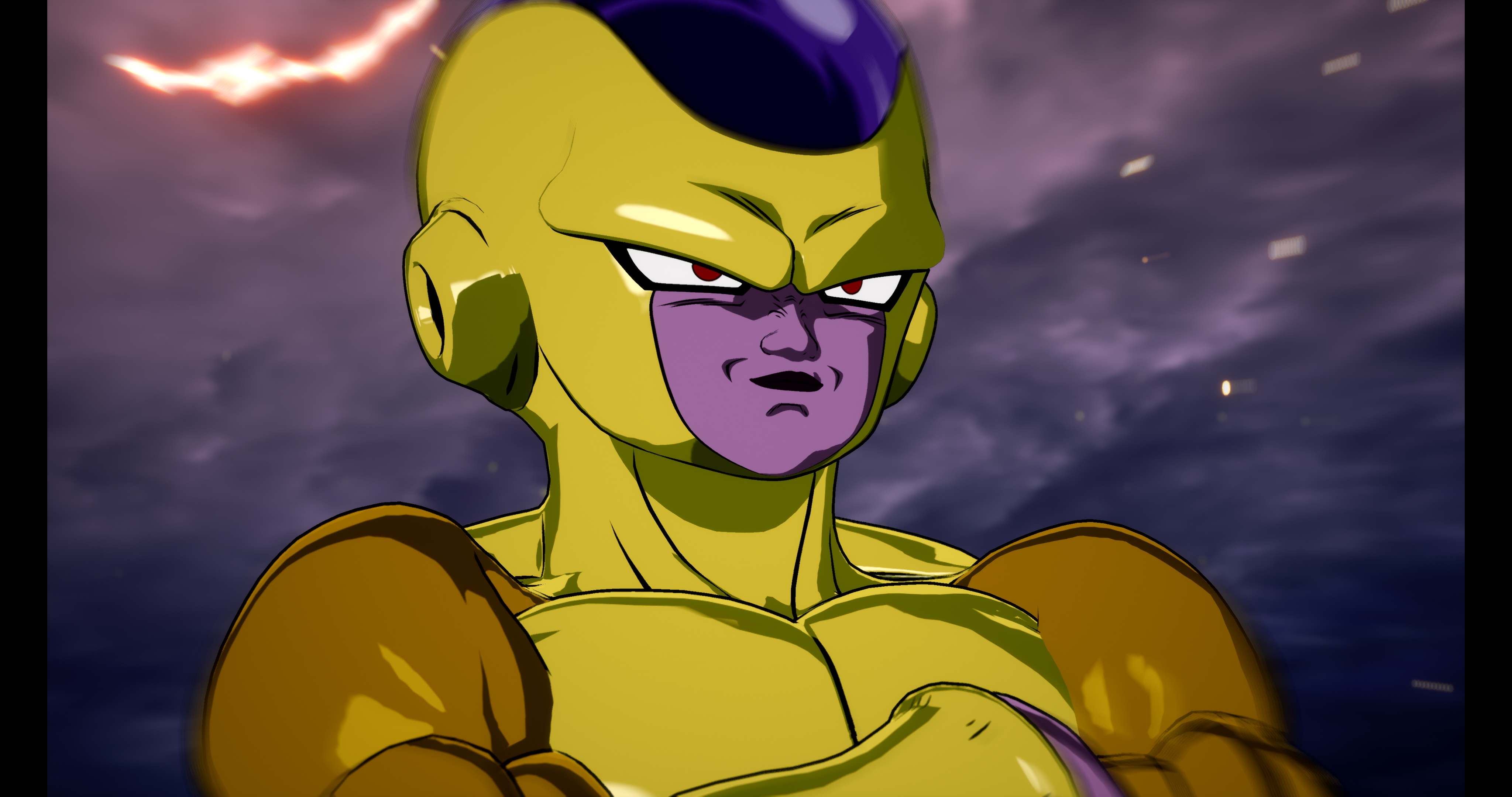 Golden Frieza di Dragon Ball. Ha occhi rossi, viso viola e corpo giallo. Lo sfondo è un cielo viola.