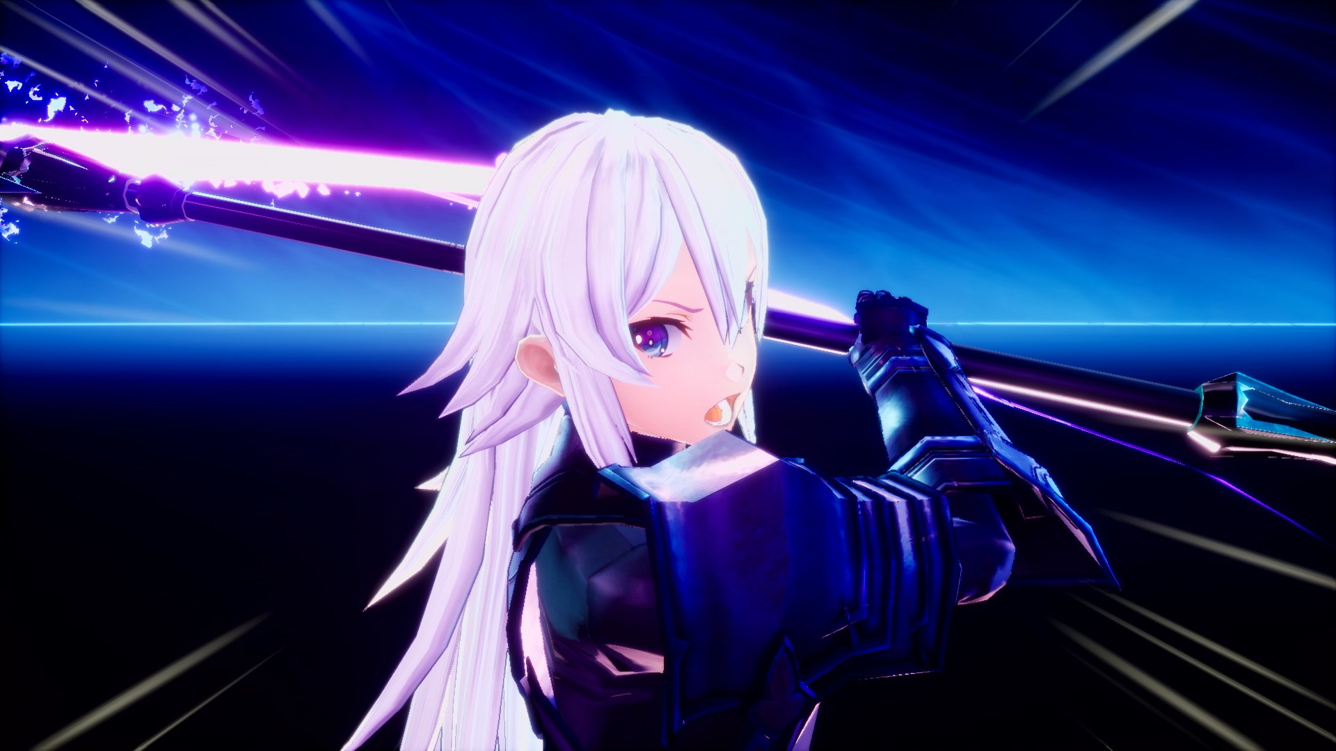 Personaje de anime con cabello blanco y armadura azul empuñando una lanza púrpura brillante. Fondo azul y púrpura.