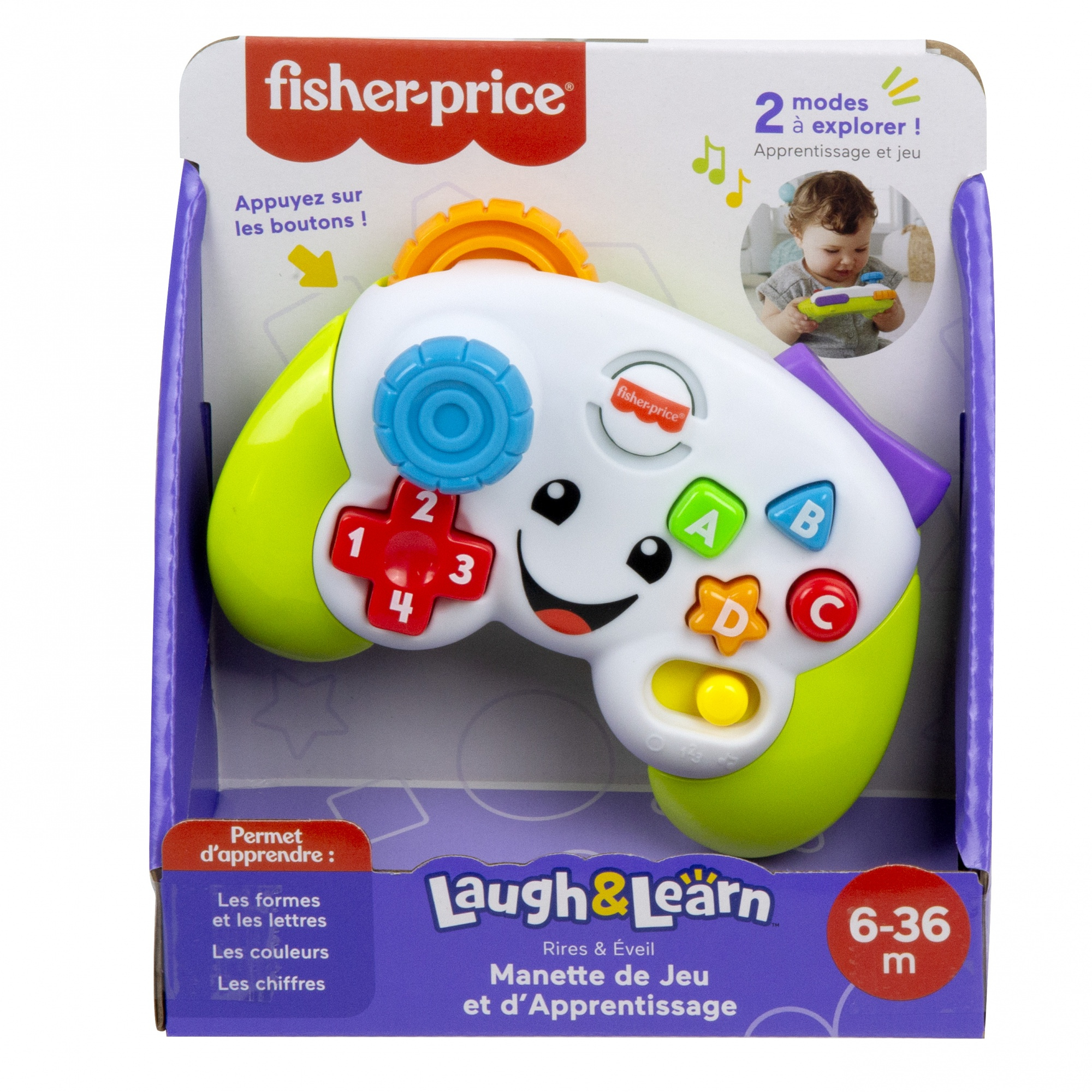 Kontroler zabawkowy Fisher-Price Laugh & Learn w pudełku. Ma przyciski i uśmiechniętą twarz, dla dzieci w wieku 6-36 miesięcy.